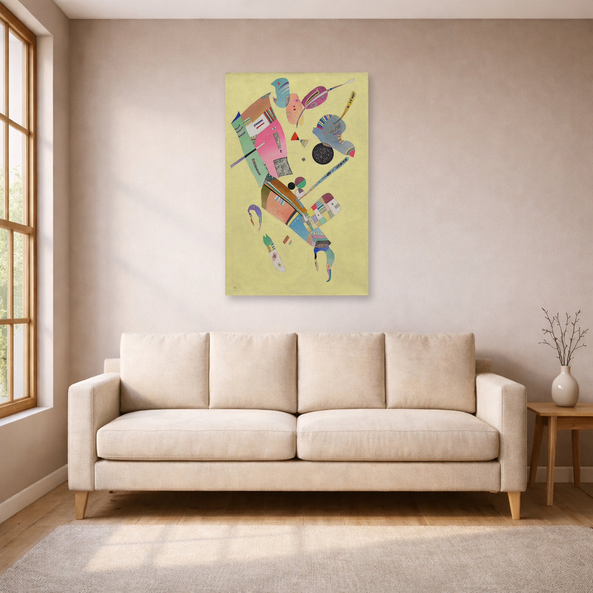 Unframed poster print of Wassily Kandinsky's Moderation displayed on a wall in a living room
