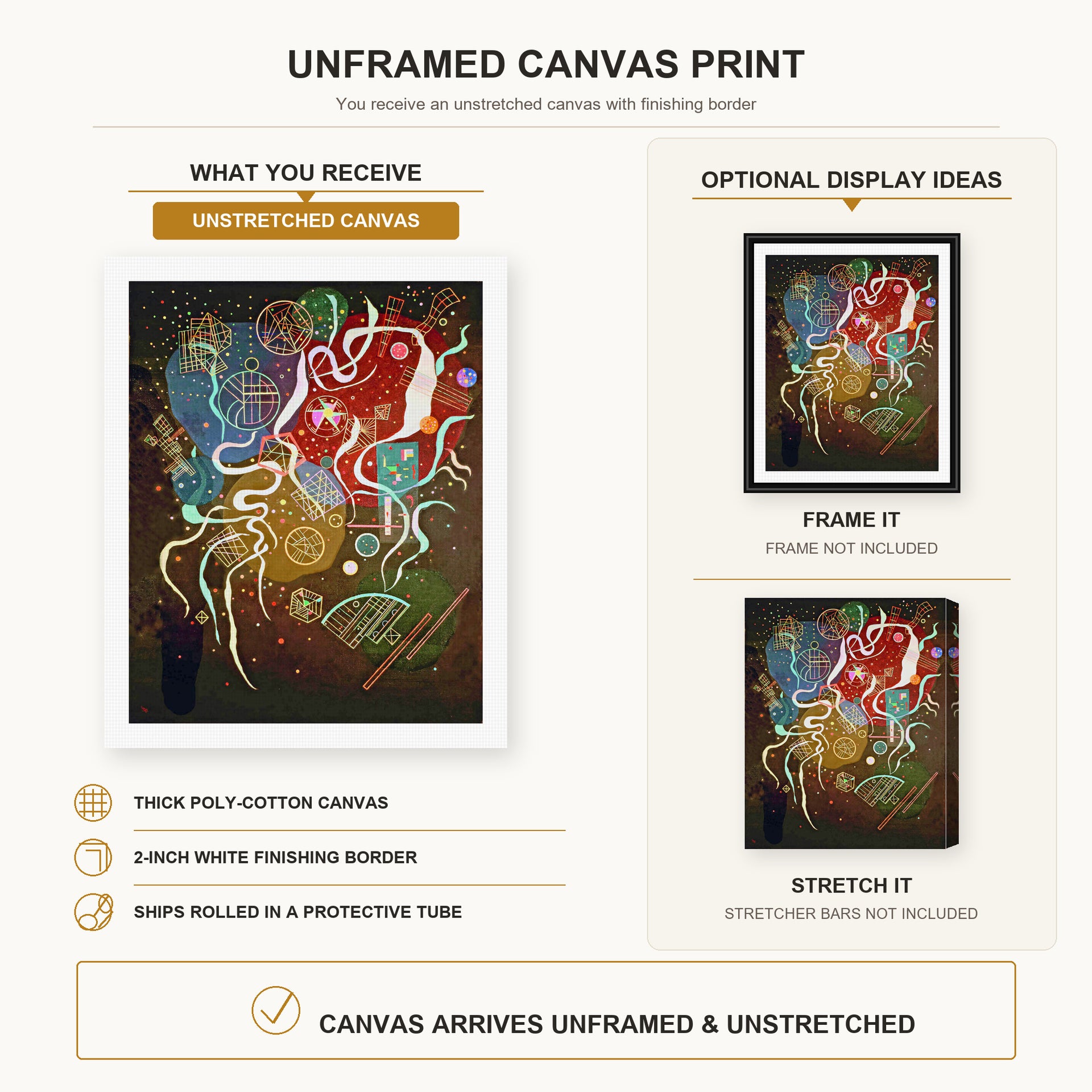 Wassily Kandinsky - Movement I canvas print size comparison and framing display infographic