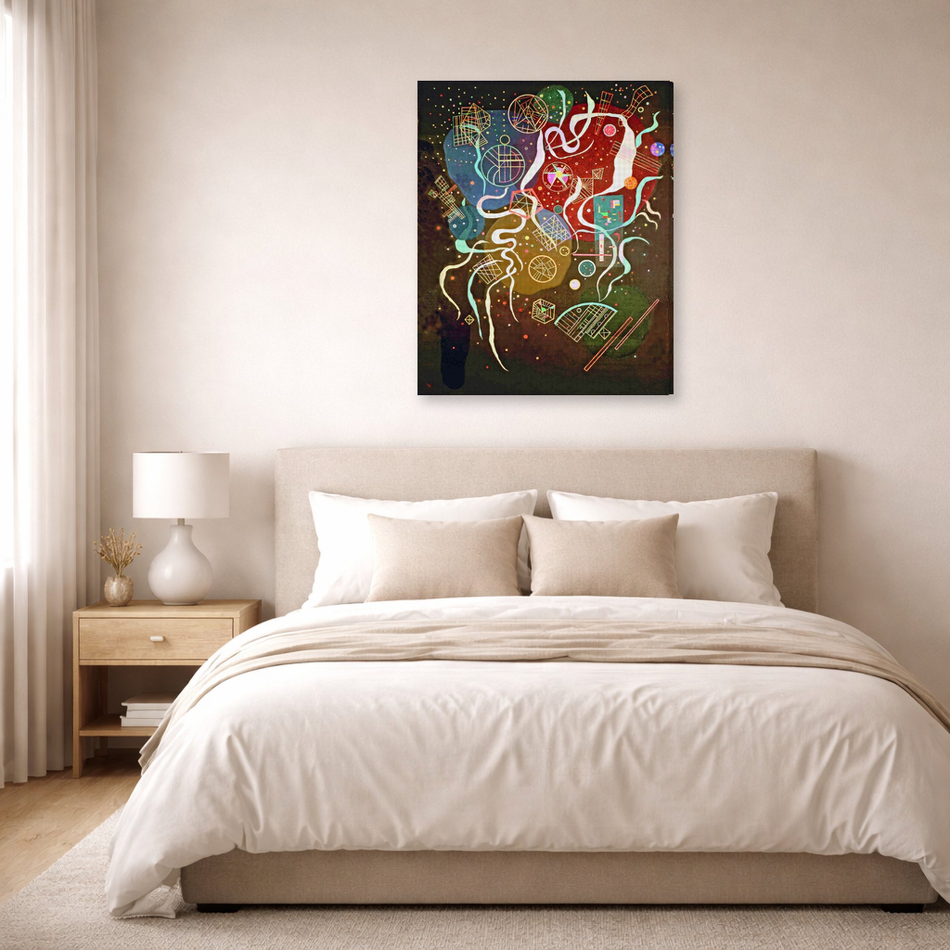 Gallery-wrapped canvas print of Wassily Kandinsky's Movement I displayed on a wall in a bedroom