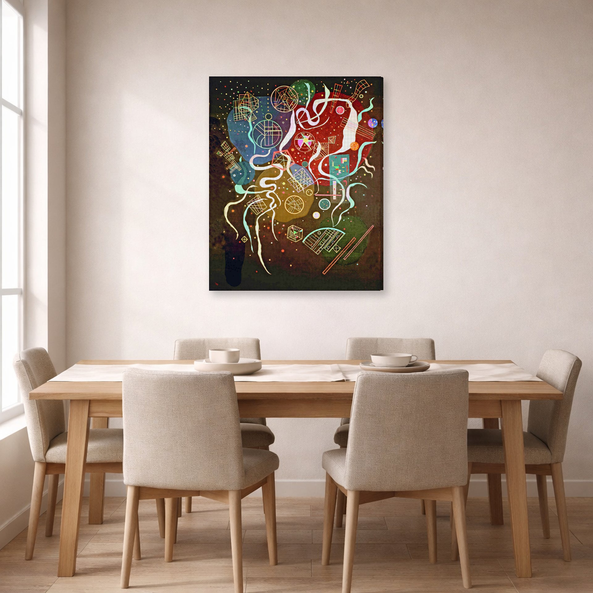 Gallery-wrapped canvas print of Wassily Kandinsky's Movement I displayed on a wall in a dining room
