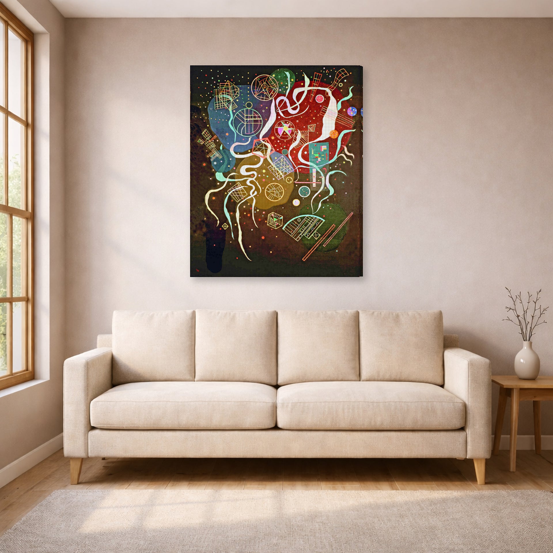 Gallery-wrapped canvas print of Wassily Kandinsky's Movement I displayed on a wall in a living room