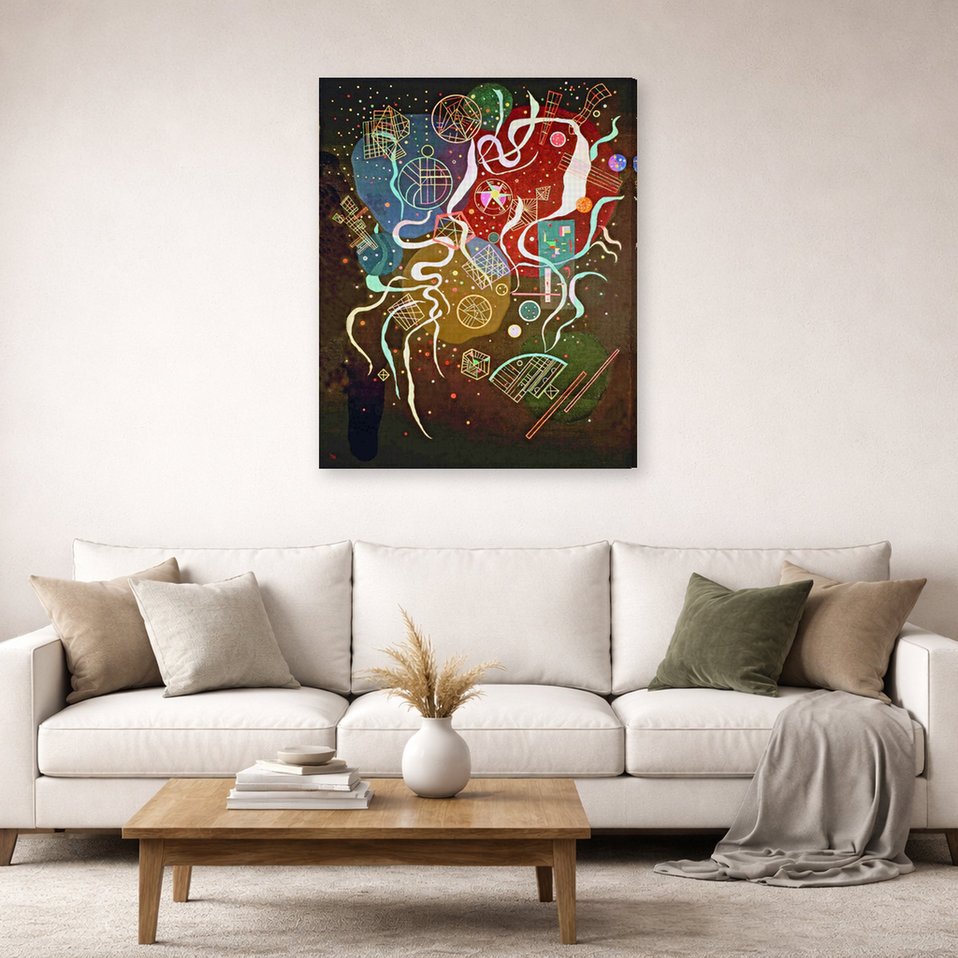 Gallery-wrapped canvas print of Wassily Kandinsky's Movement I displayed on a wall in a living room