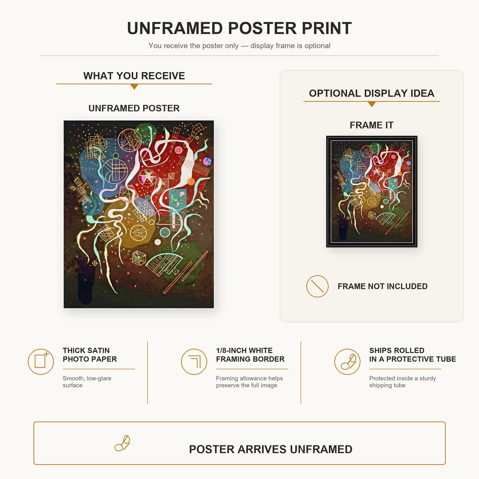 Wassily Kandinsky - Movement I poster print size comparison and framing display infographic