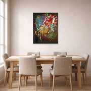 Unframed poster print of Wassily Kandinsky's Movement I displayed on a wall in a dining room