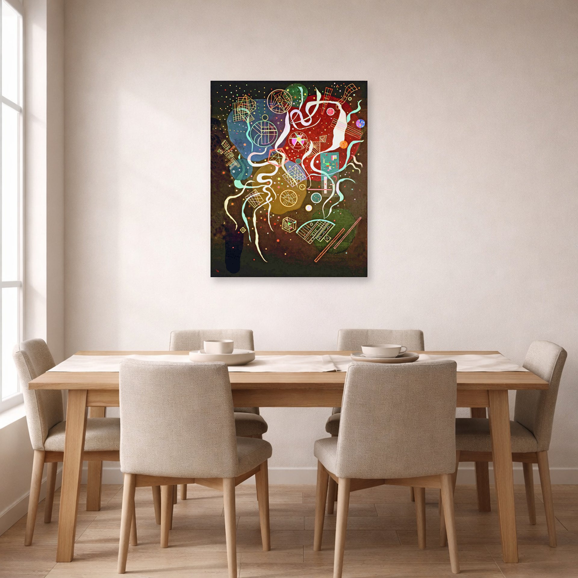 Unframed poster print of Wassily Kandinsky's Movement I displayed on a wall in a dining room