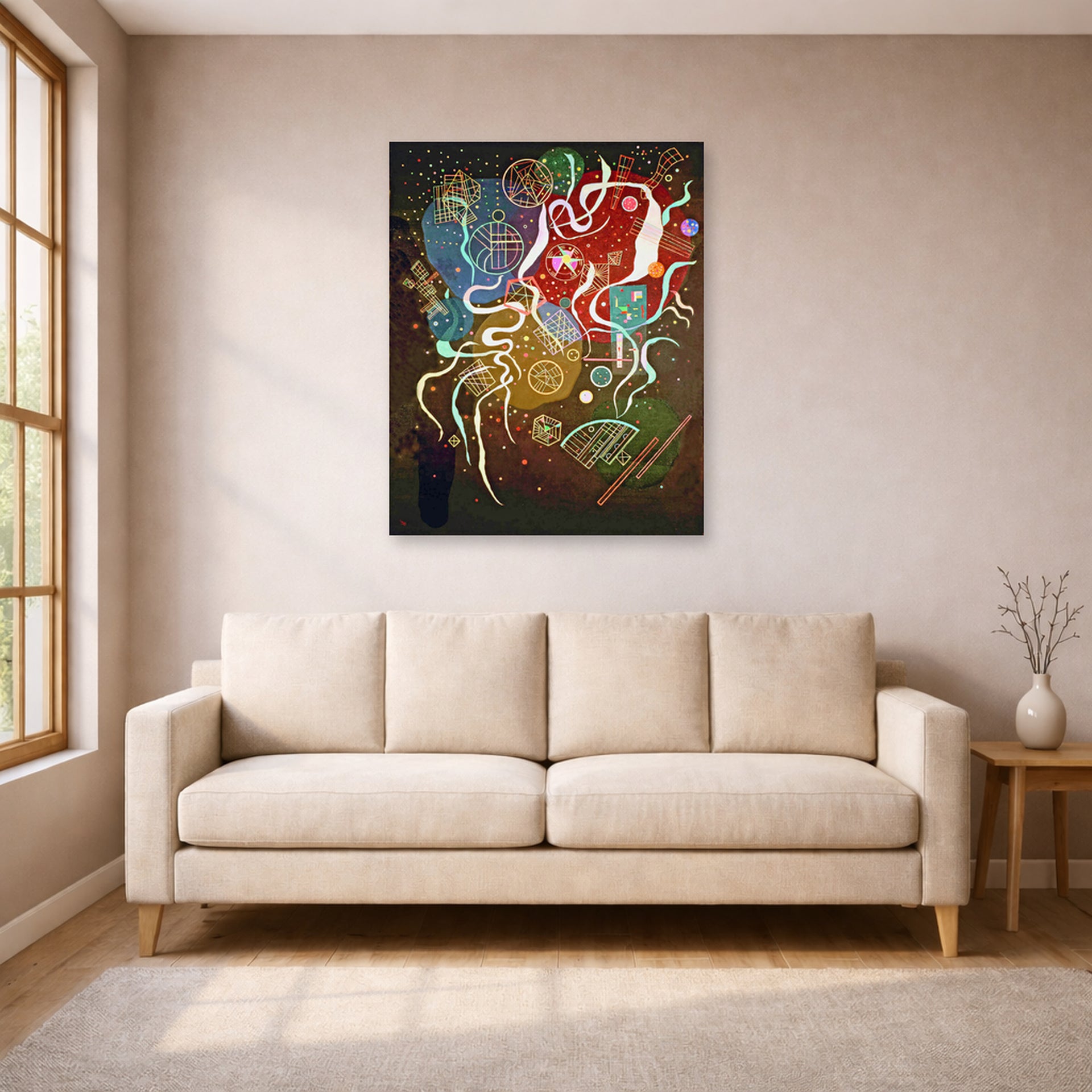 Unframed poster print of Wassily Kandinsky's Movement I displayed on a wall in a living room