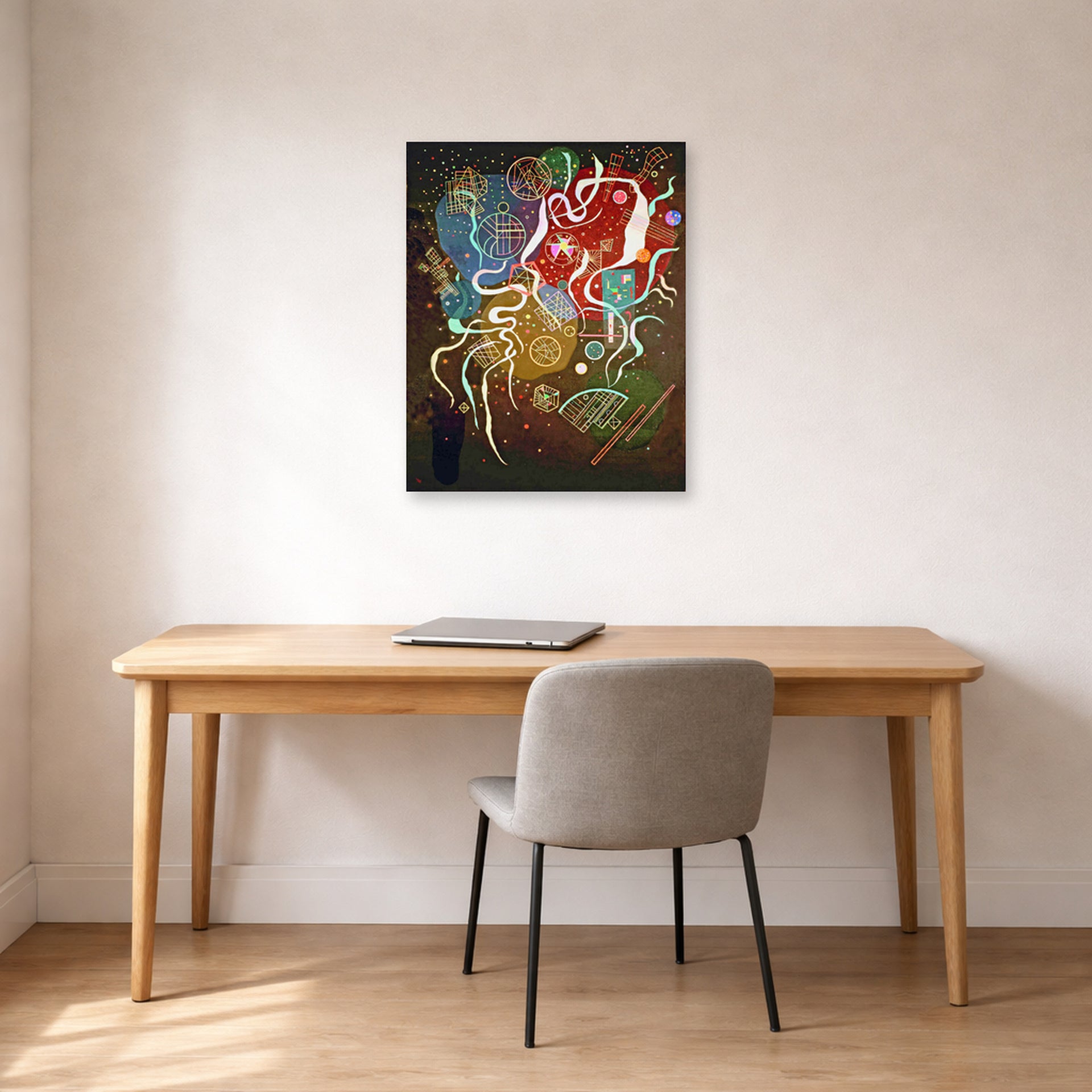 Unframed poster print of Wassily Kandinsky's Movement I displayed on a wall in an office