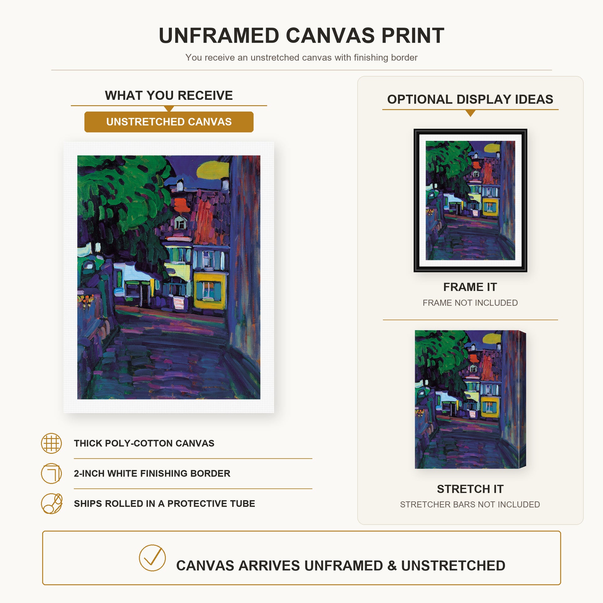 Wassily Kandinsky - Murnau, Houses in the Obermarkt canvas print size comparison and framing display infographic