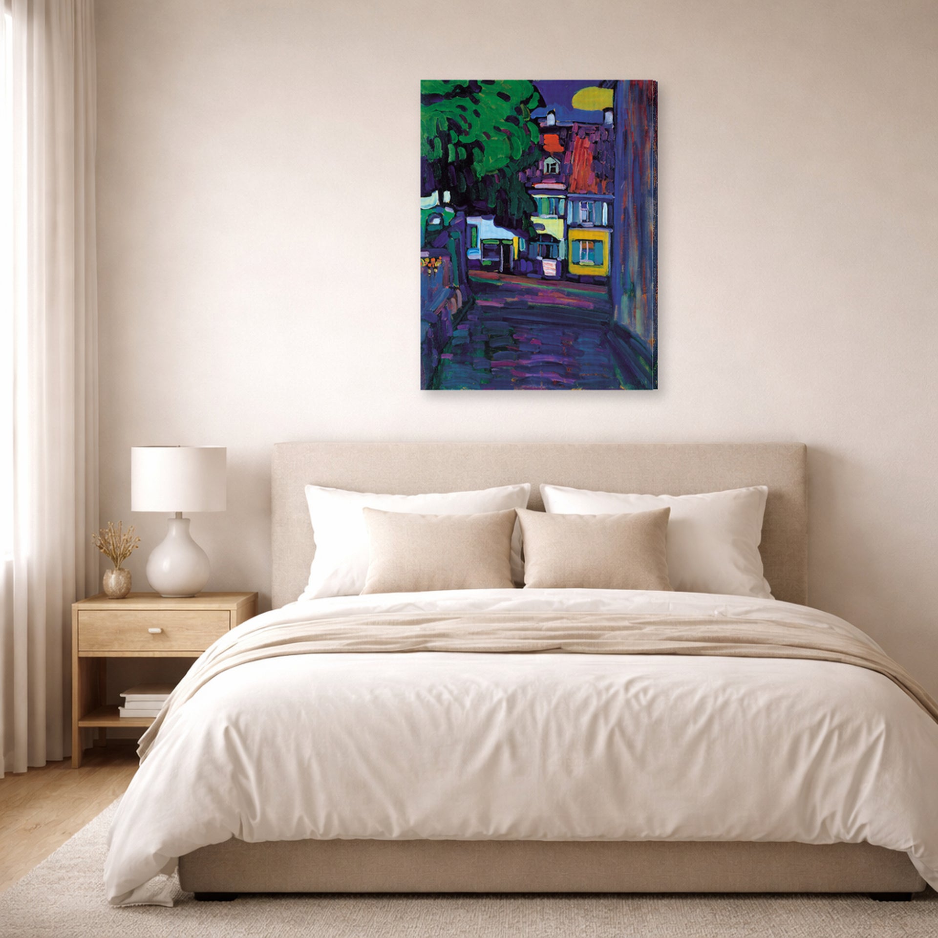 Gallery-wrapped canvas print of Wassily Kandinsky's Murnau, Houses in the Obermarkt displayed on a wall in a bedroom