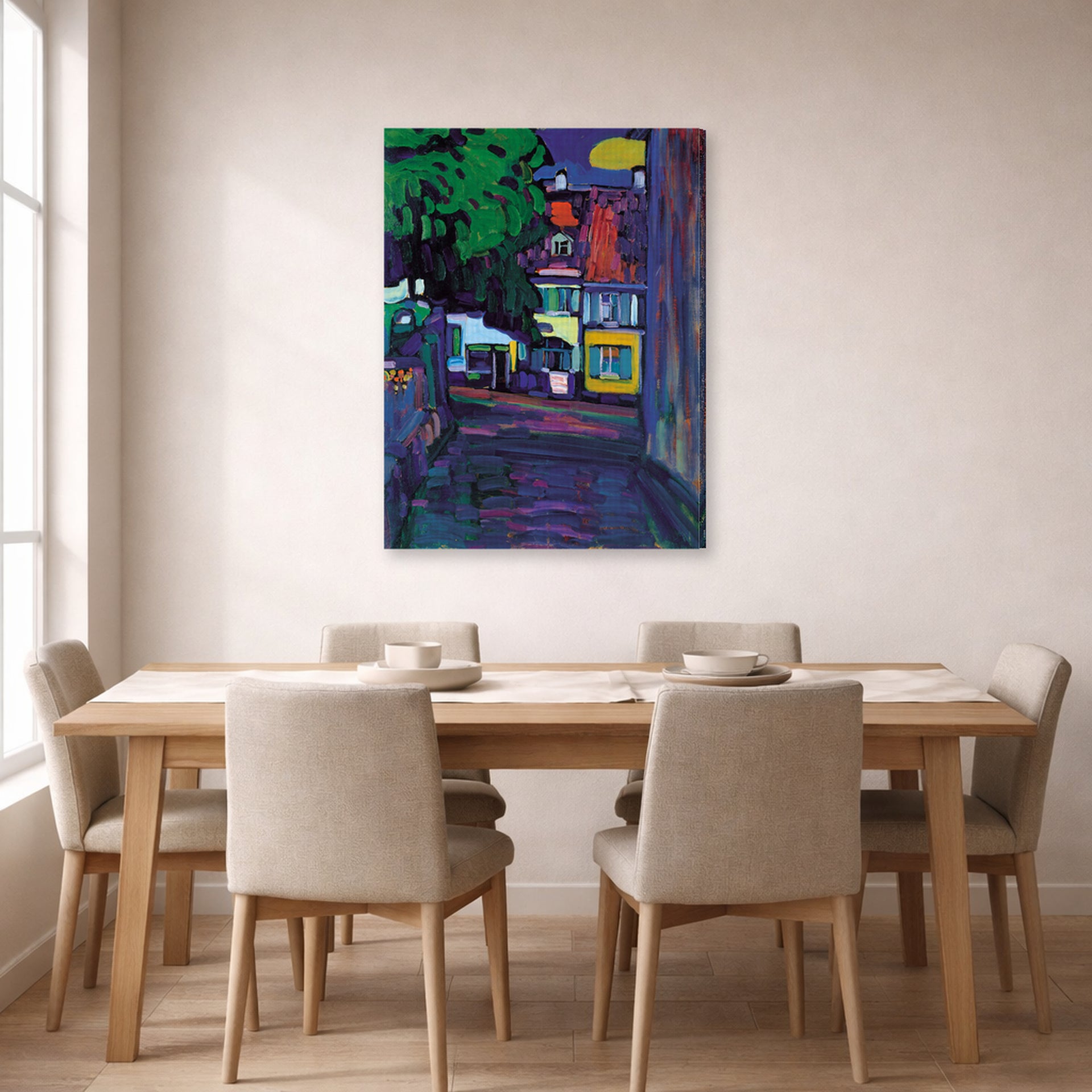 Gallery-wrapped canvas print of Wassily Kandinsky's Murnau, Houses in the Obermarkt displayed on a wall in a dining room