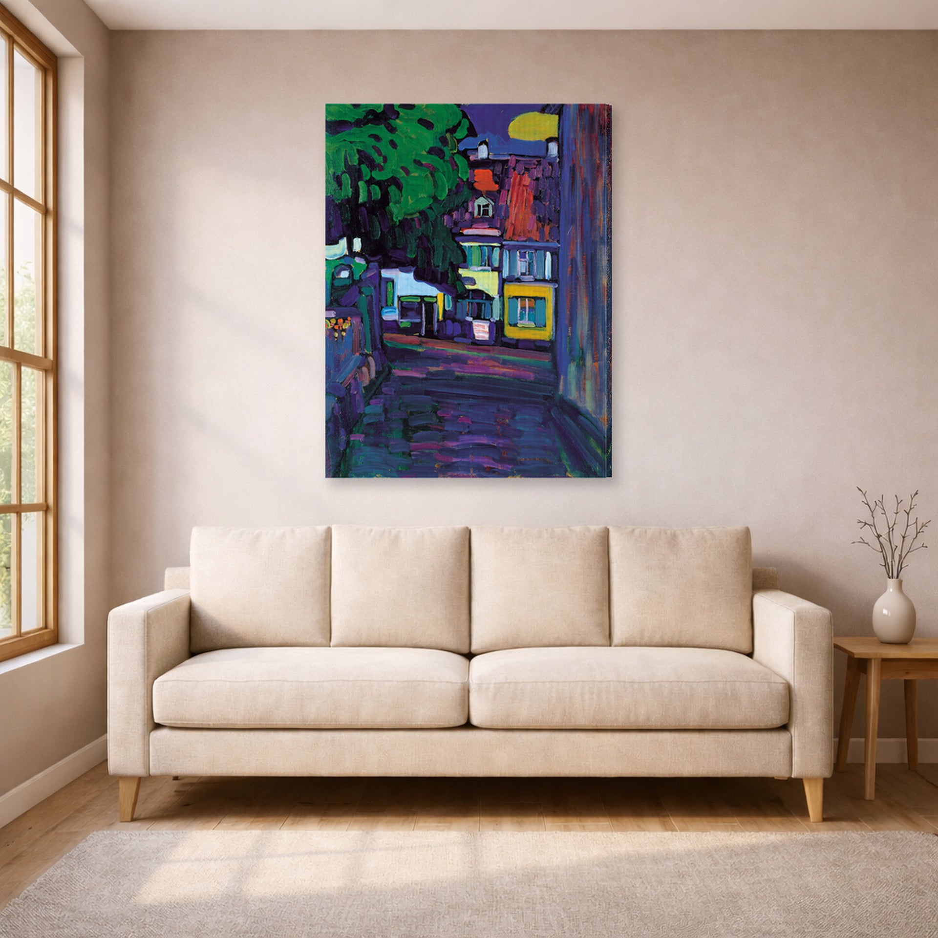 Gallery-wrapped canvas print of Wassily Kandinsky's Murnau, Houses in the Obermarkt displayed on a wall in a living room