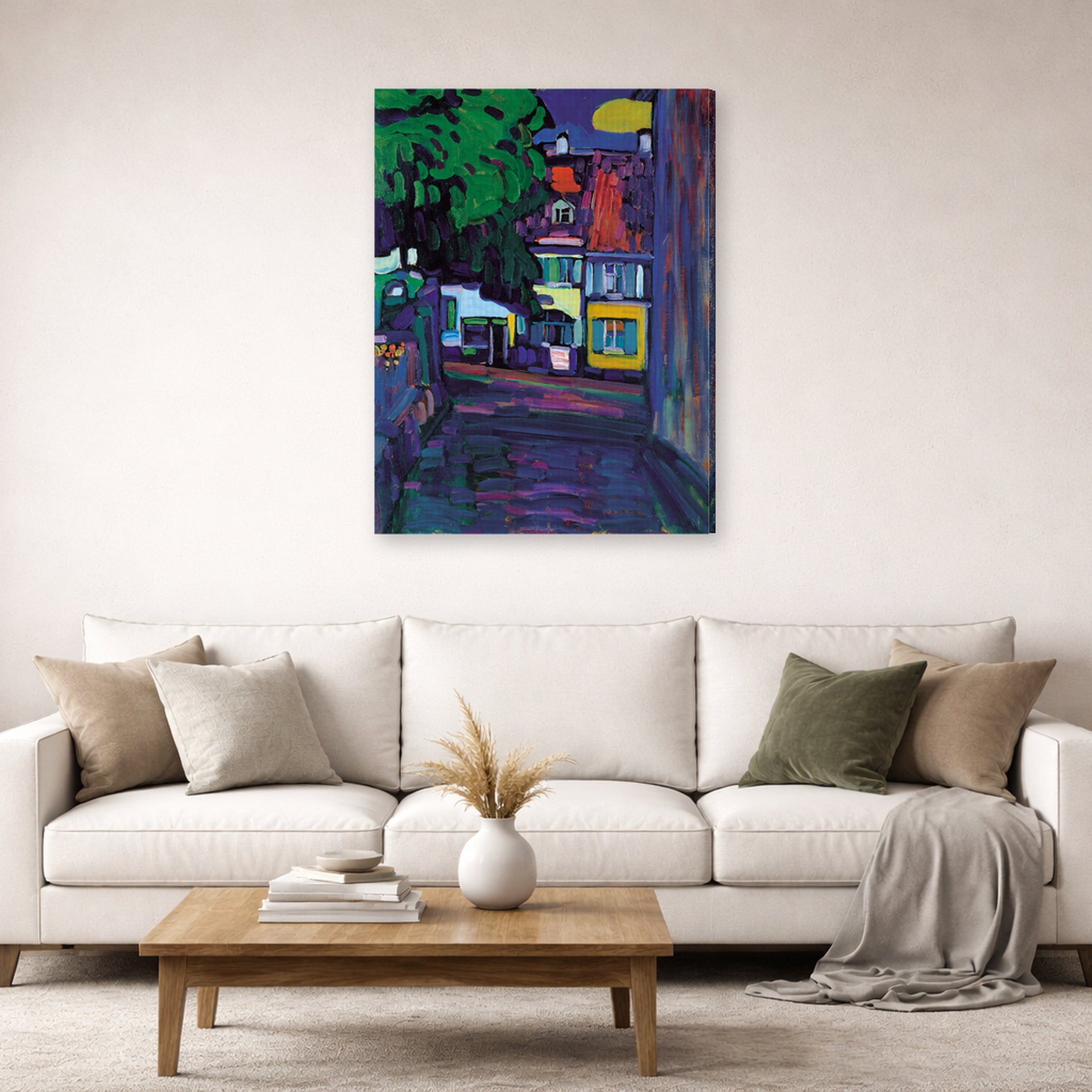Gallery-wrapped canvas print of Wassily Kandinsky's Murnau, Houses in the Obermarkt displayed on a wall in a living room