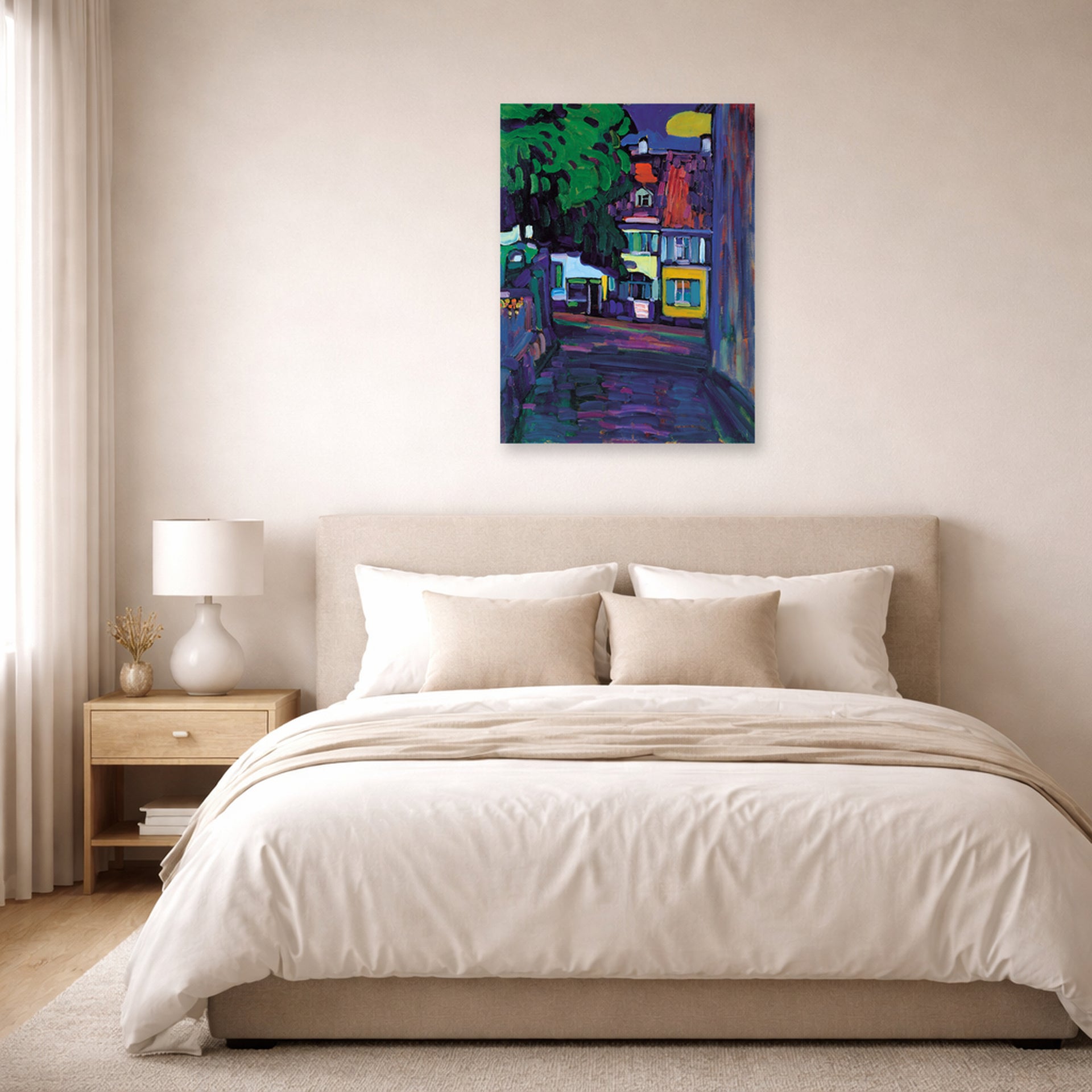 Unframed poster print of Wassily Kandinsky's Murnau, Houses in the Obermarkt displayed on a wall in a bedroom