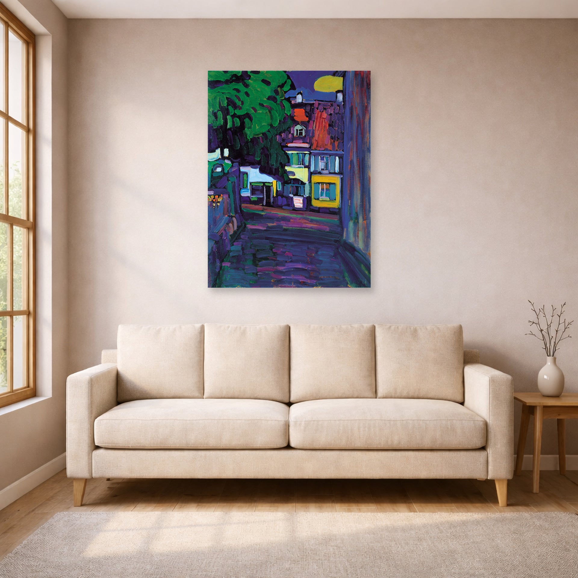 Unframed poster print of Wassily Kandinsky's Murnau, Houses in the Obermarkt displayed on a wall in a living room