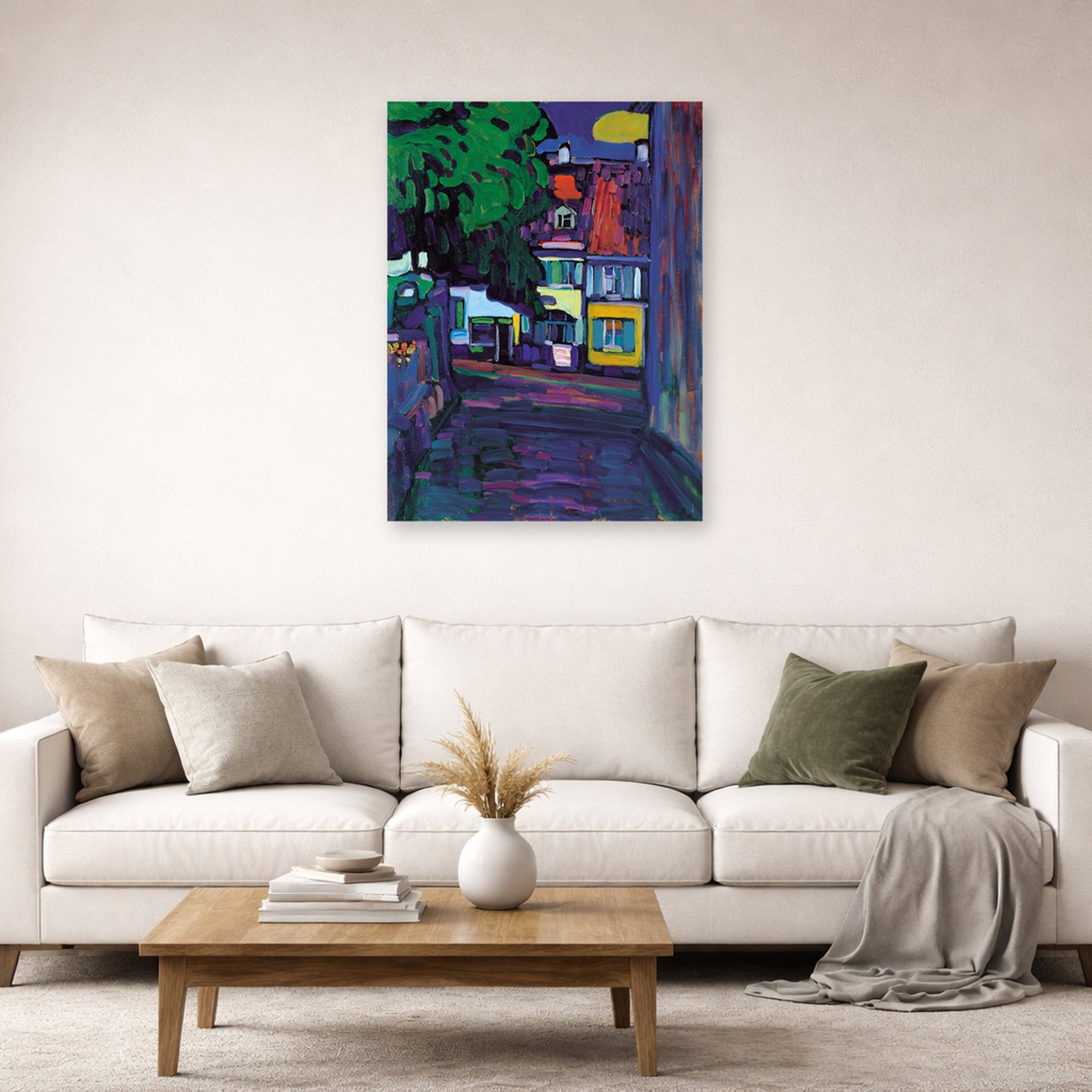 Unframed poster print of Wassily Kandinsky's Murnau, Houses in the Obermarkt displayed on a wall in a living room