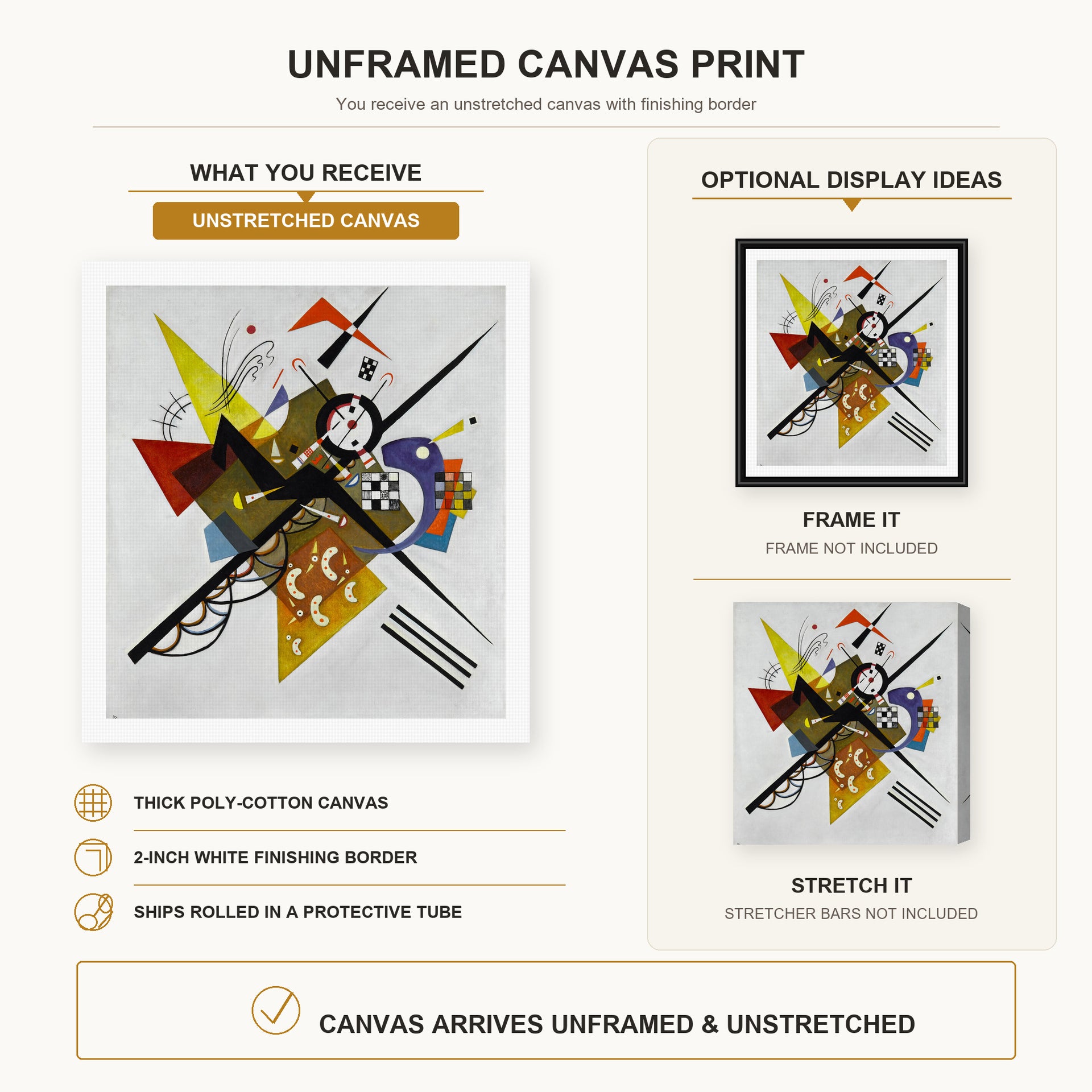 Wassily Kandinsky - On White II canvas print size comparison and framing display infographic
