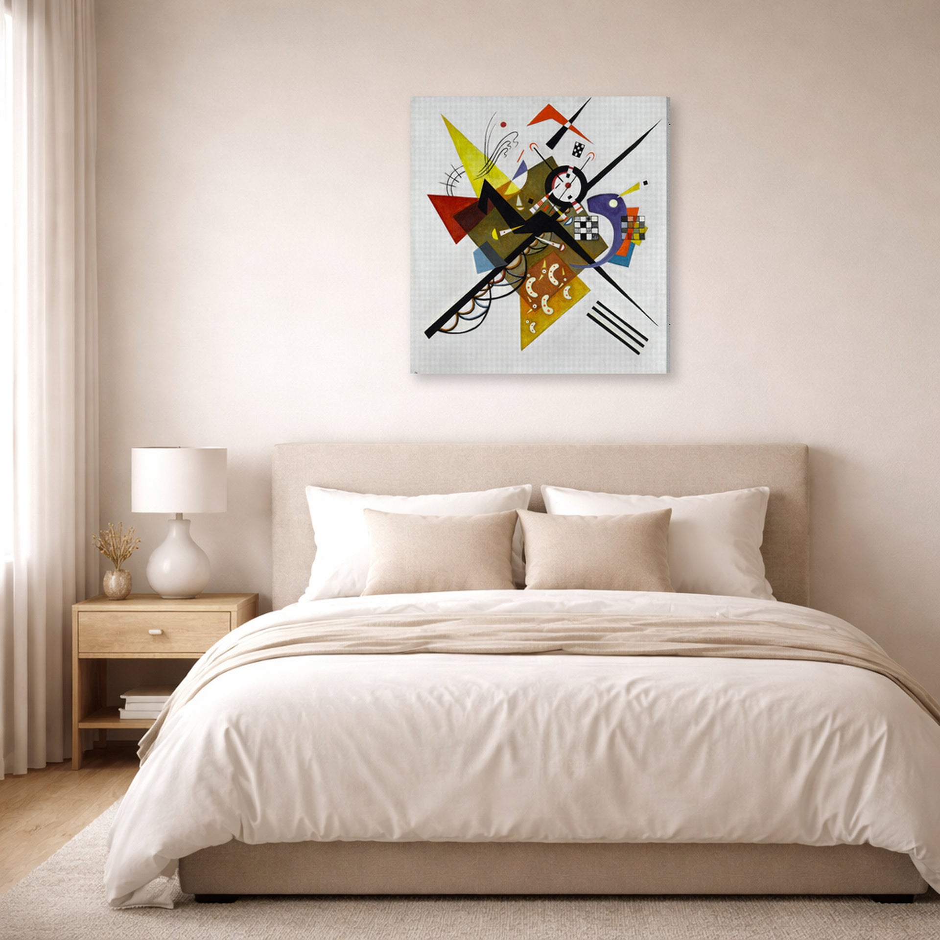 Gallery-wrapped canvas print of Wassily Kandinsky's On White II displayed on a wall in a bedroom