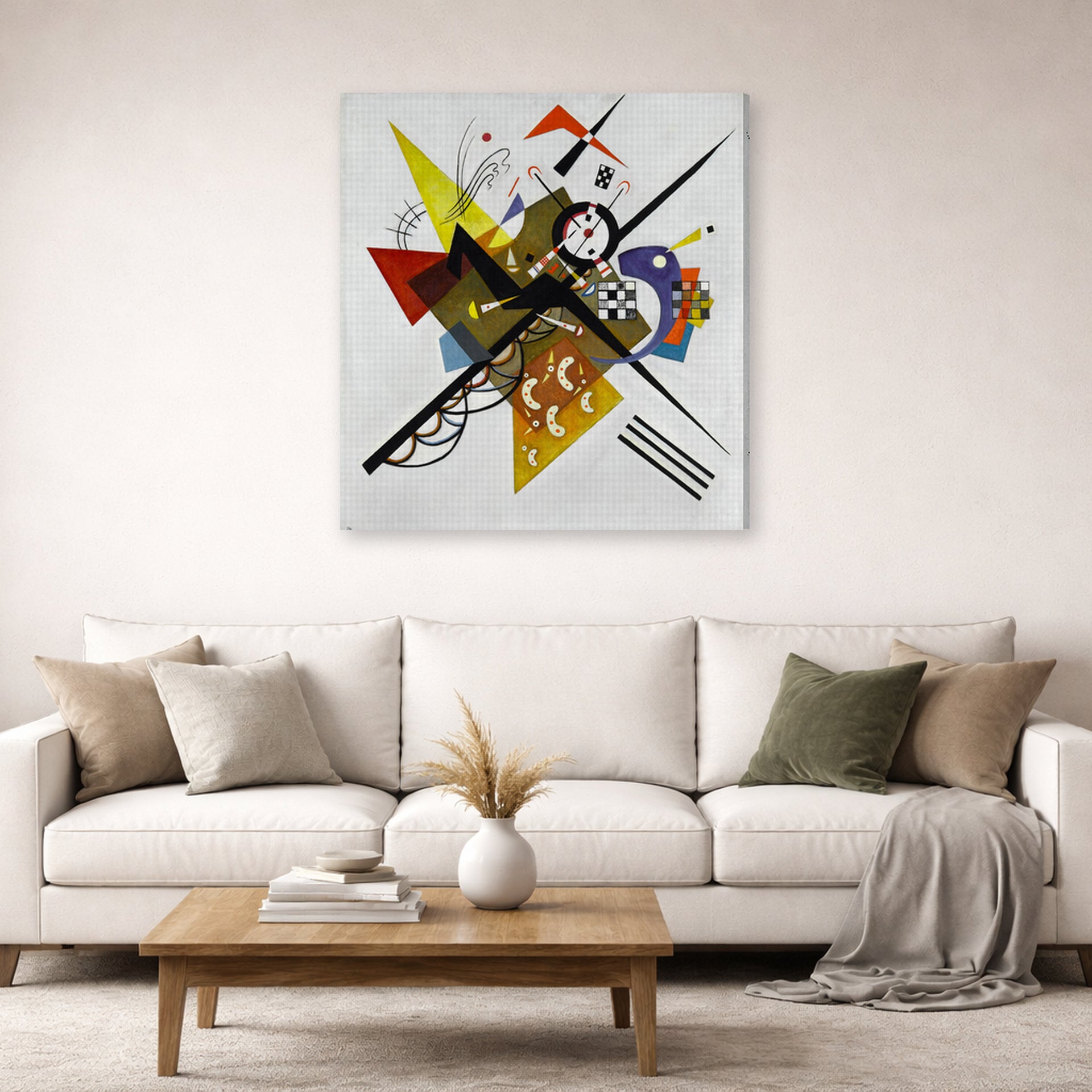 Gallery-wrapped canvas print of Wassily Kandinsky's On White II displayed on a wall in a living room