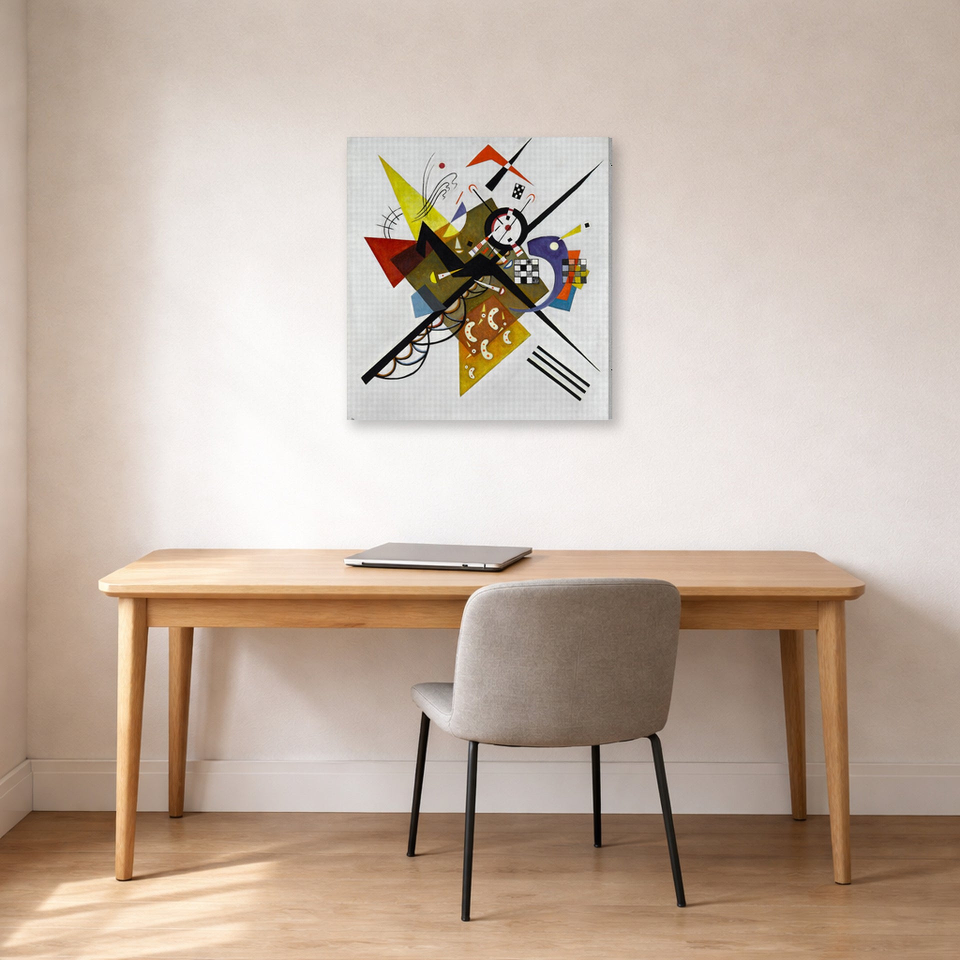 Gallery-wrapped canvas print of Wassily Kandinsky's On White II displayed on a wall in an office