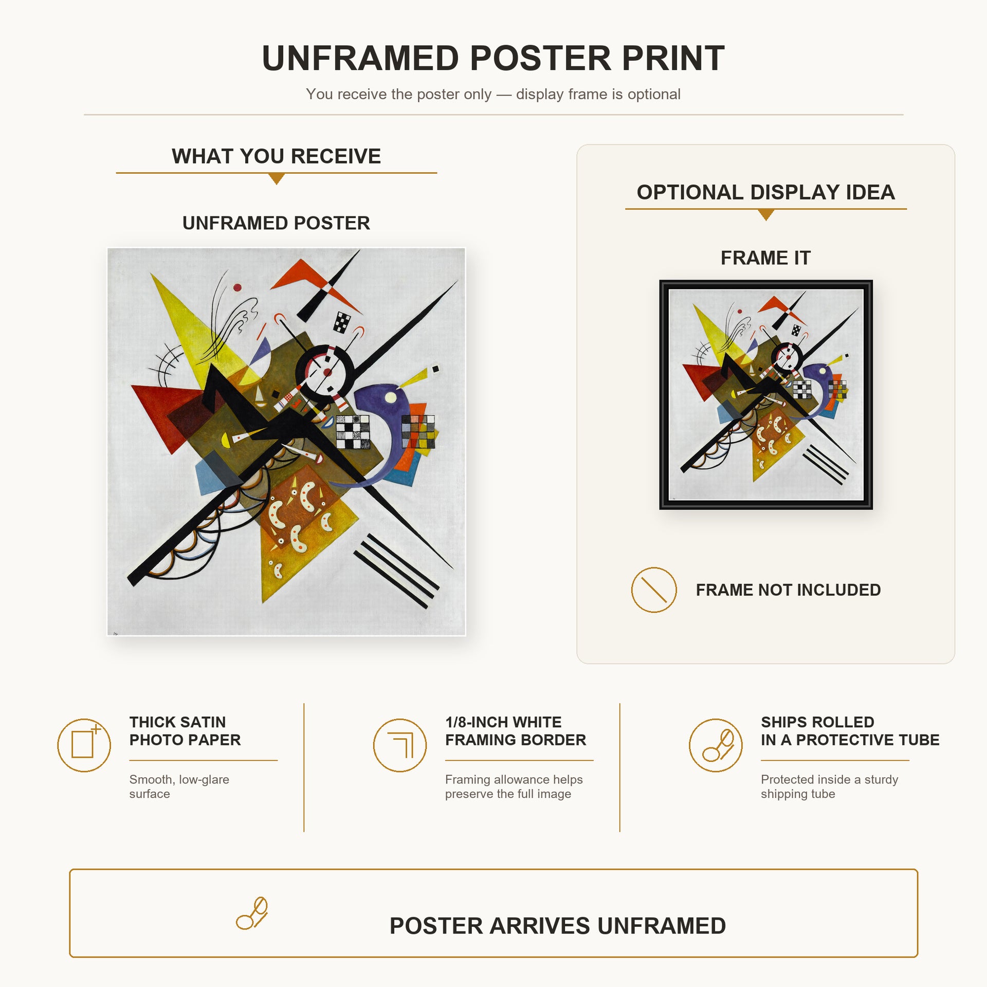 Wassily Kandinsky - On White II poster print size comparison and framing display infographic