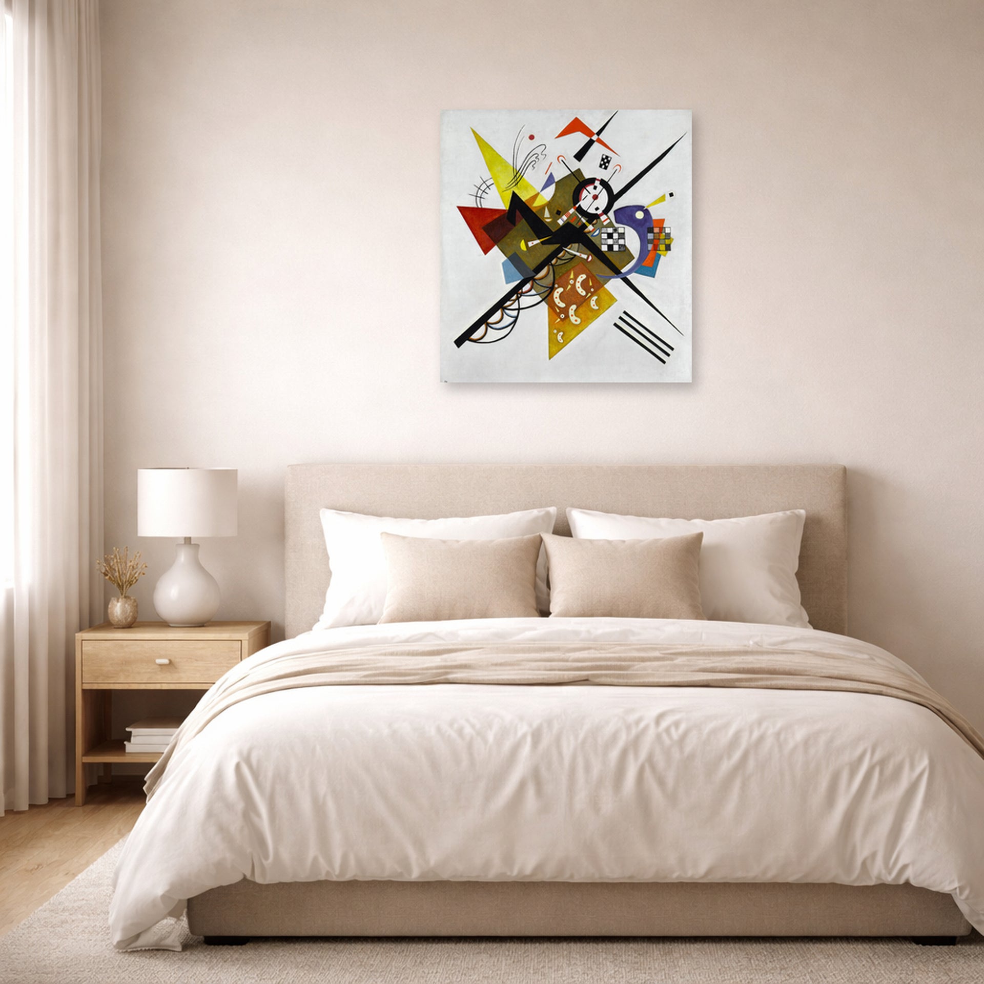 Unframed poster print of Wassily Kandinsky's On White II displayed on a wall in a bedroom