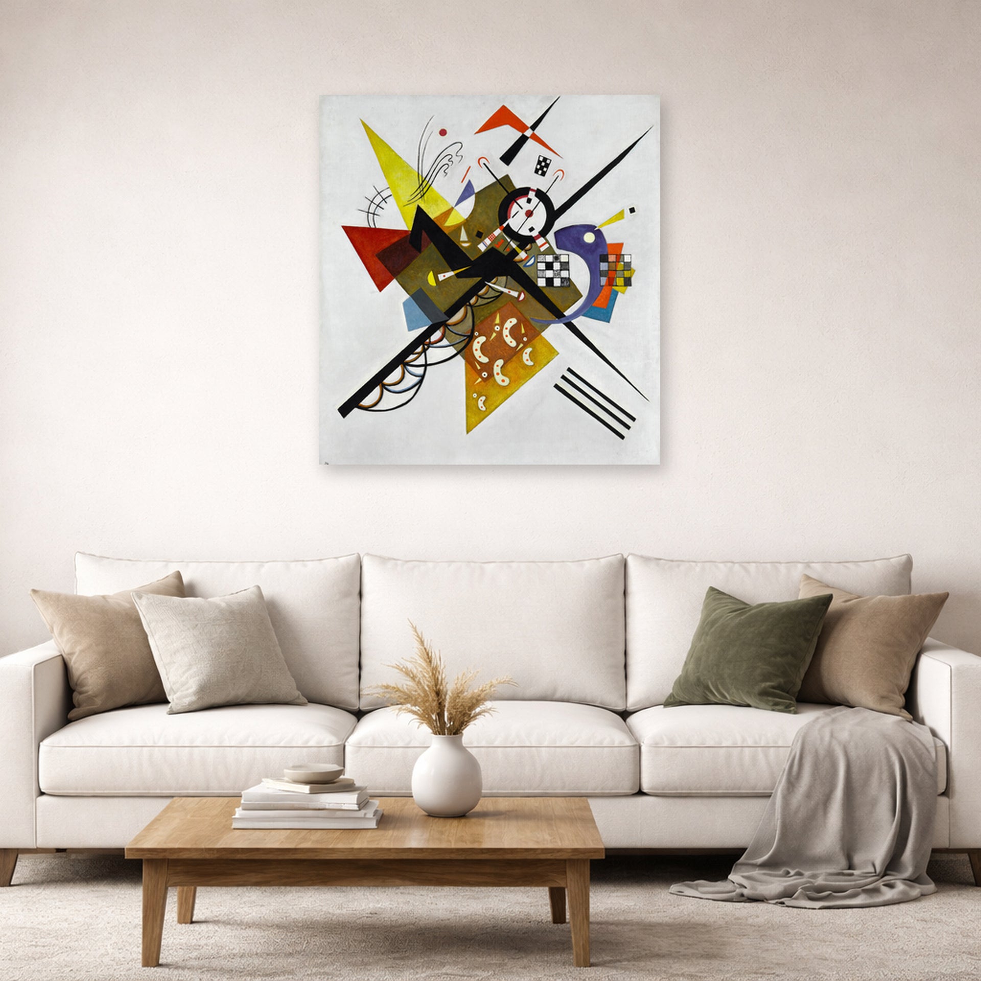Unframed poster print of Wassily Kandinsky's On White II displayed on a wall in a living room