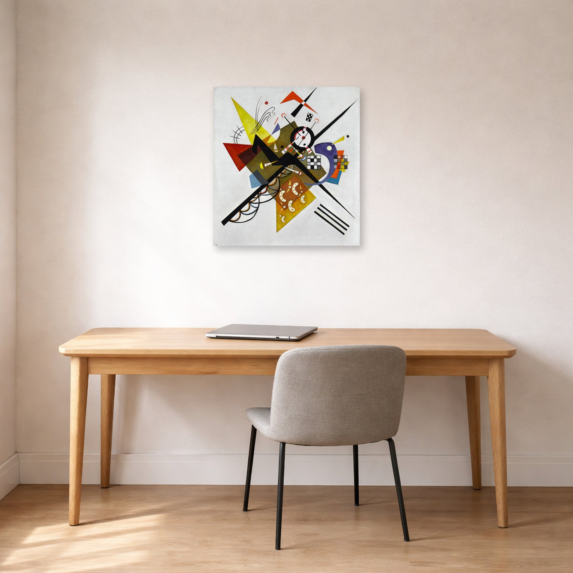 Unframed poster print of Wassily Kandinsky's On White II displayed on a wall in an office