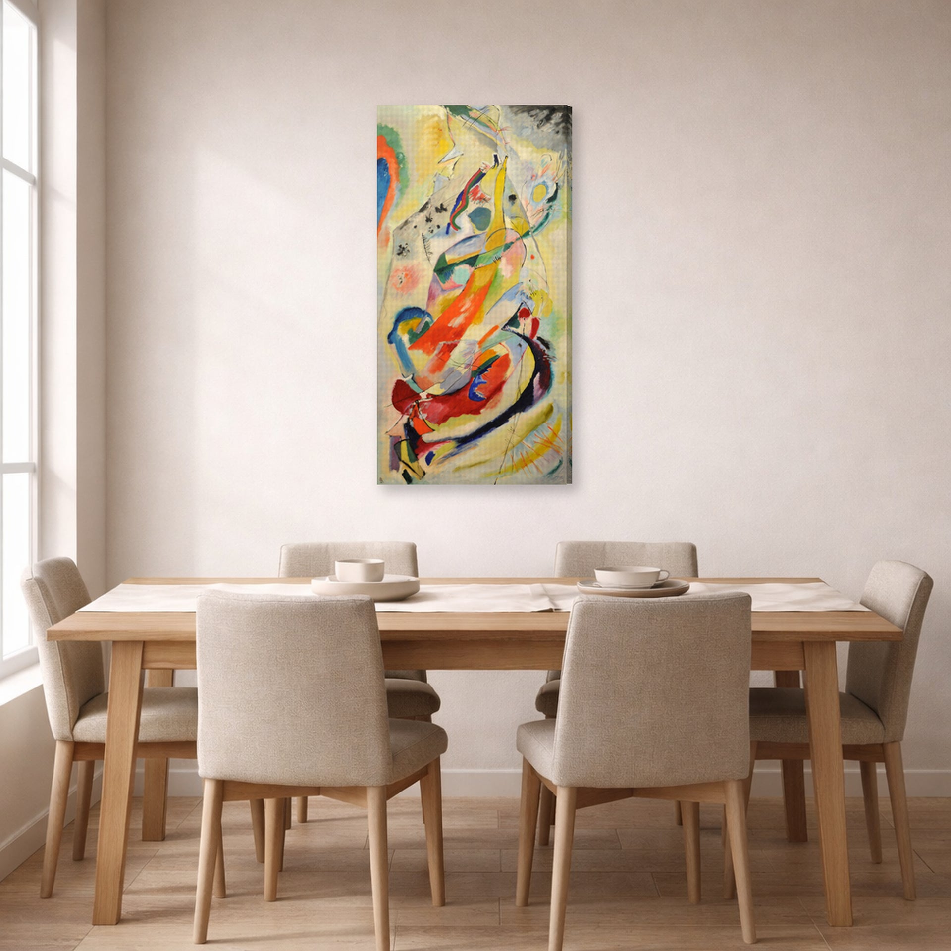Gallery-wrapped canvas print of Wassily Kandinsky's Panel for Edwin R. Campbell No. 1 displayed on a wall in a dining room