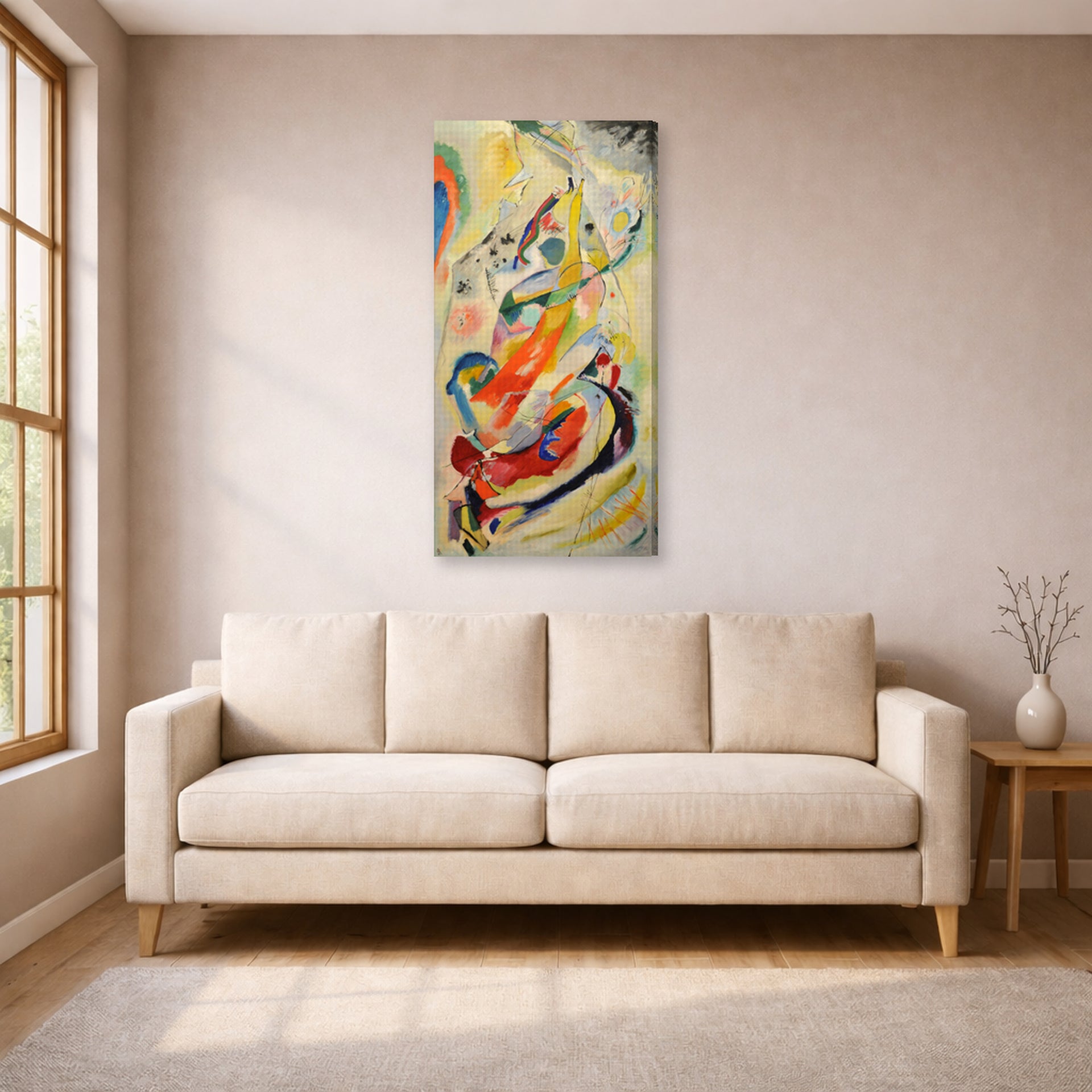 Gallery-wrapped canvas print of Wassily Kandinsky's Panel for Edwin R. Campbell No. 1 displayed on a wall in a living room