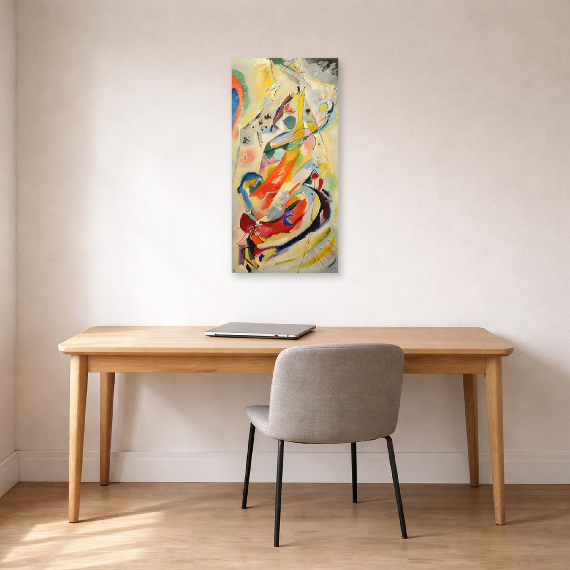 Unframed poster print of Wassily Kandinsky's Panel for Edwin R. Campbell No. 1 displayed on a wall in an office