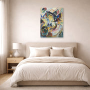 Gallery-wrapped canvas print of Wassily Kandinsky's Panel for Edwin R. Campbell No. 2 displayed on a wall in a bedroom