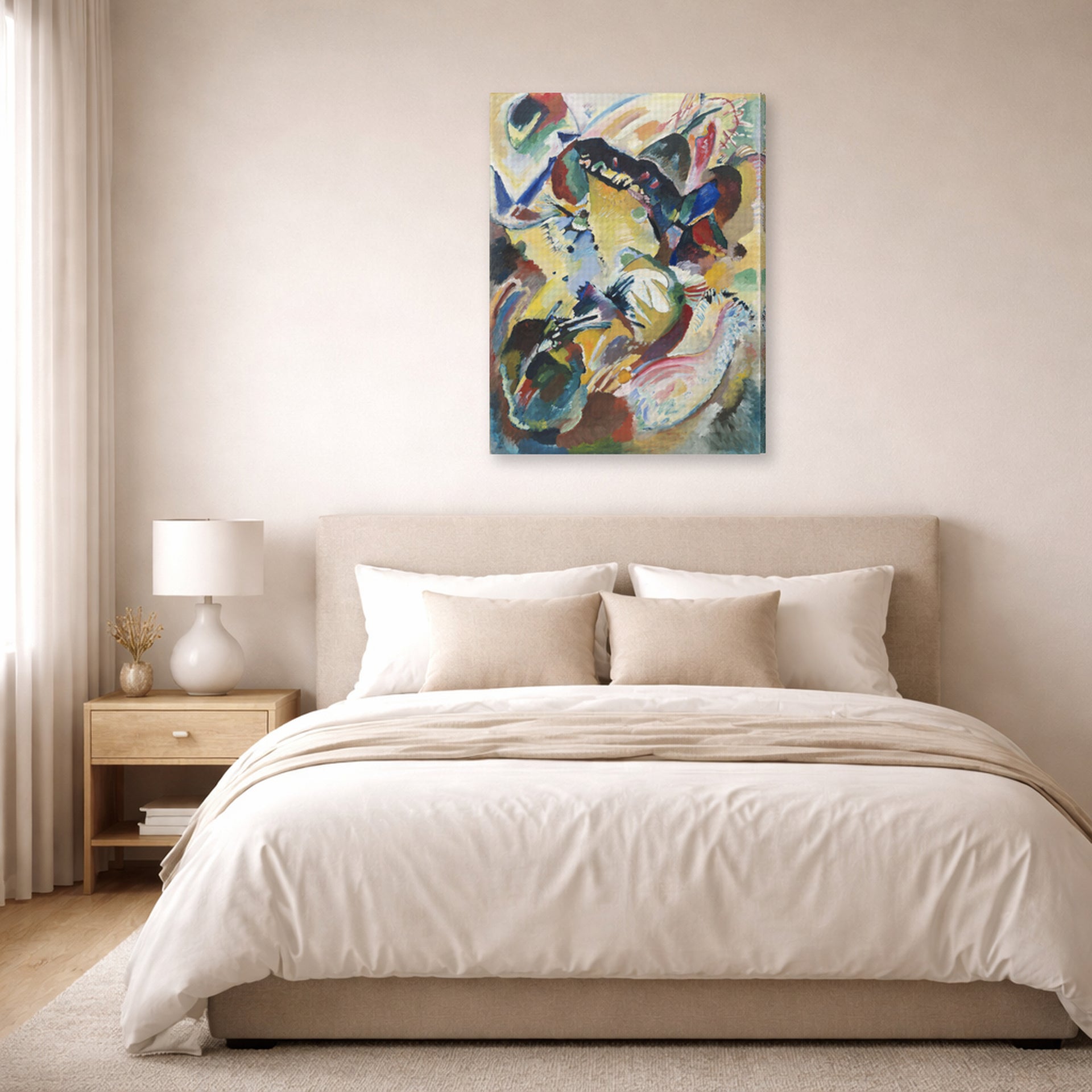 Gallery-wrapped canvas print of Wassily Kandinsky's Panel for Edwin R. Campbell No. 2 displayed on a wall in a bedroom