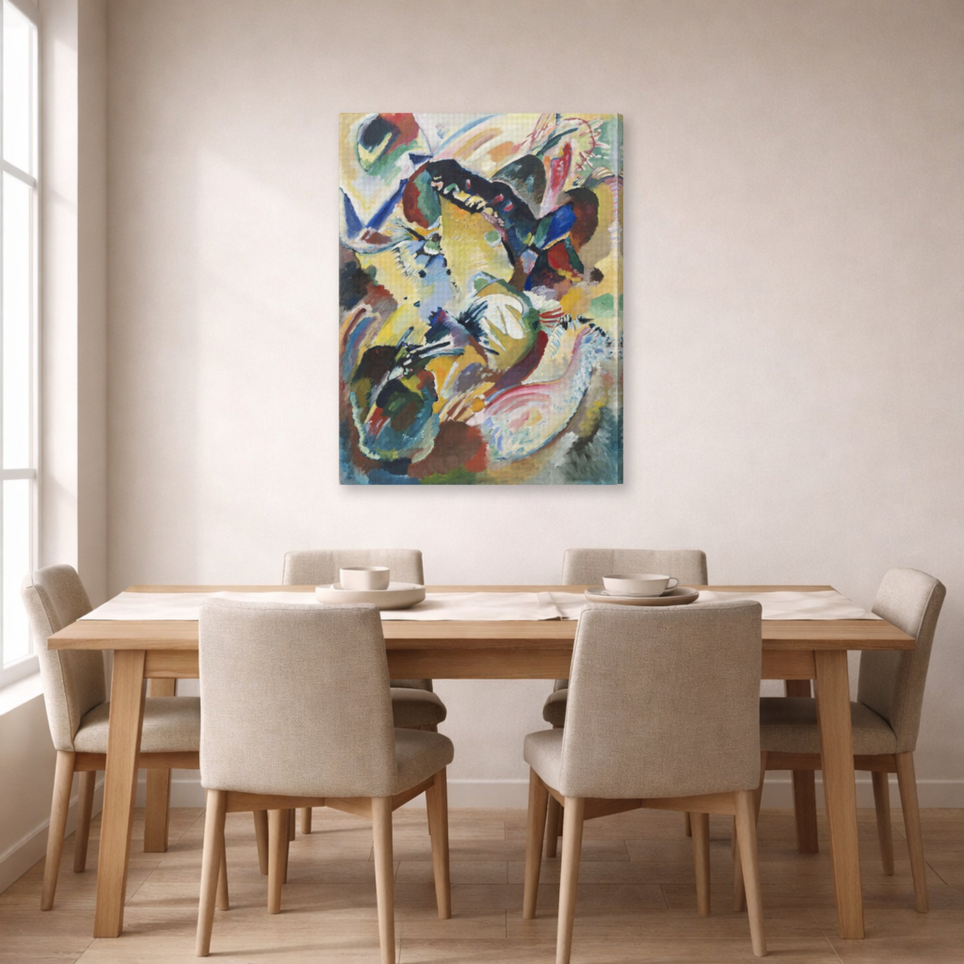 Gallery-wrapped canvas print of Wassily Kandinsky's Panel for Edwin R. Campbell No. 2 displayed on a wall in a dining room