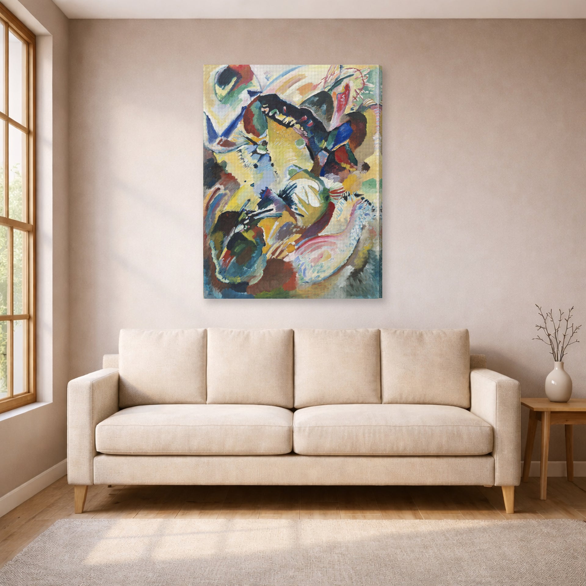 Gallery-wrapped canvas print of Wassily Kandinsky's Panel for Edwin R. Campbell No. 2 displayed on a wall in a living room