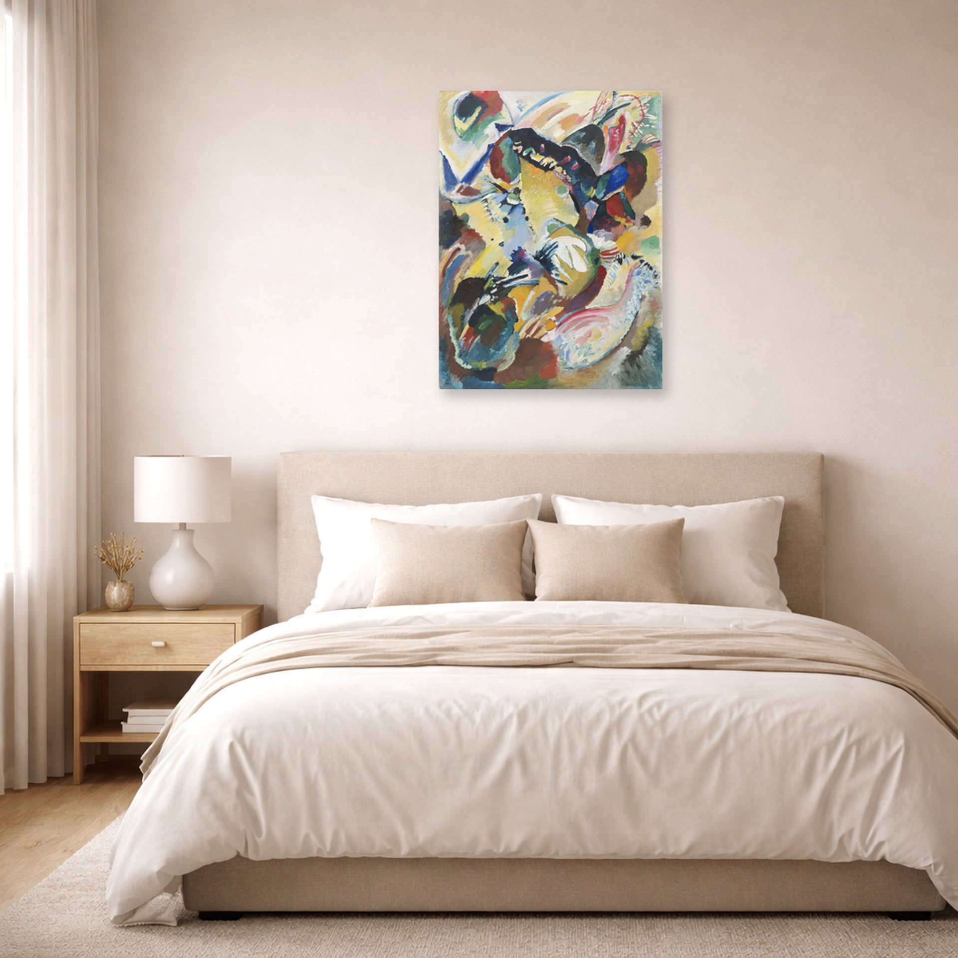 Unframed poster print of Wassily Kandinsky's Panel for Edwin R. Campbell No. 2 displayed on a wall in a bedroom