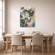 Unframed poster print of Wassily Kandinsky's Panel for Edwin R. Campbell No. 2 displayed on a wall in a dining room