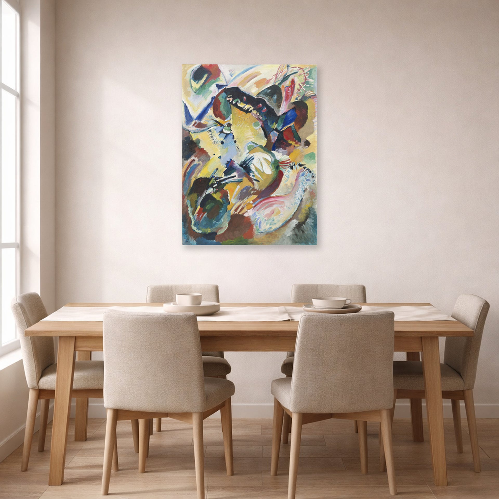 Unframed poster print of Wassily Kandinsky's Panel for Edwin R. Campbell No. 2 displayed on a wall in a dining room