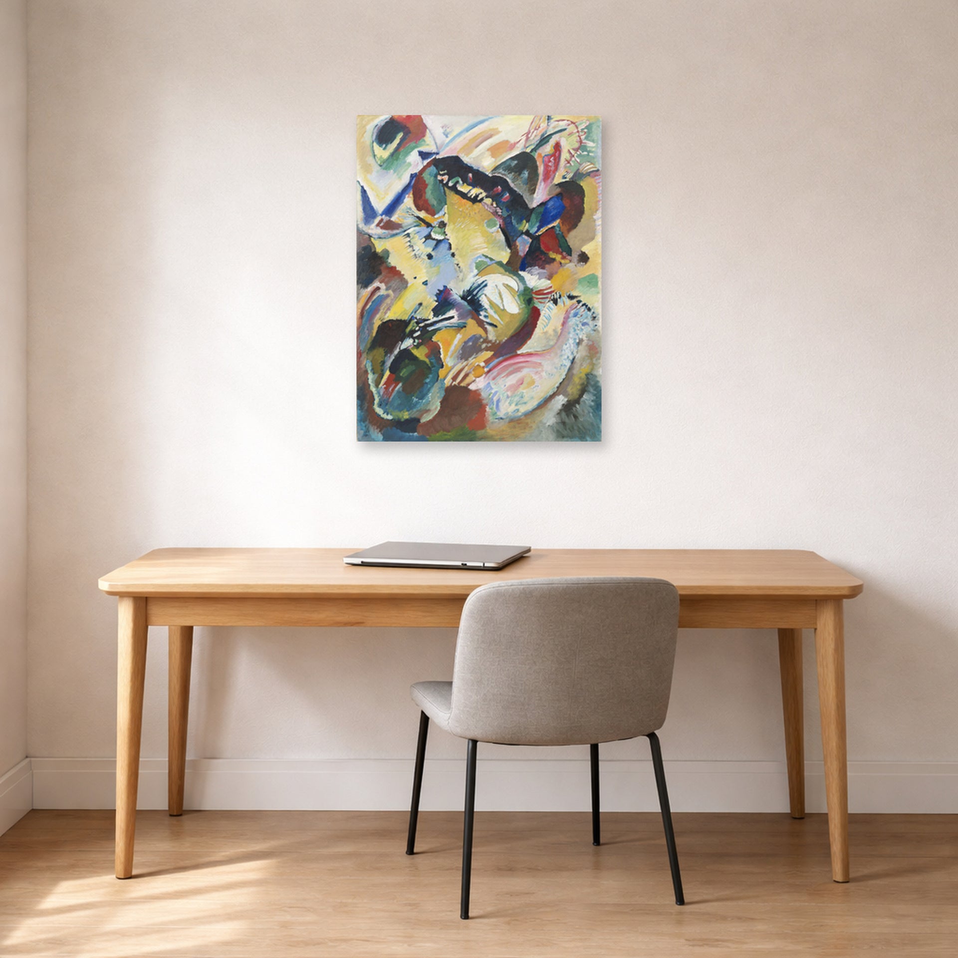 Unframed poster print of Wassily Kandinsky's Panel for Edwin R. Campbell No. 2 displayed on a wall in an office