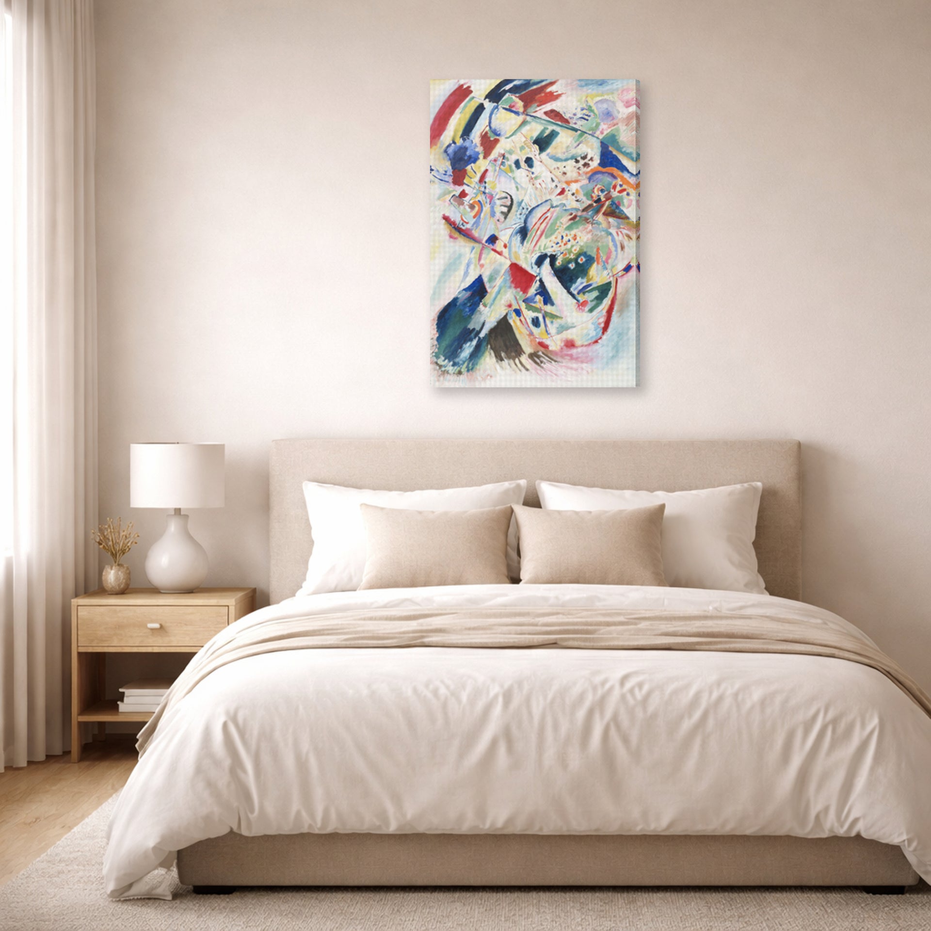 Gallery-wrapped canvas print of Wassily Kandinsky's Panel for Edwin R. Campbell No. 4 displayed on a wall in a bedroom