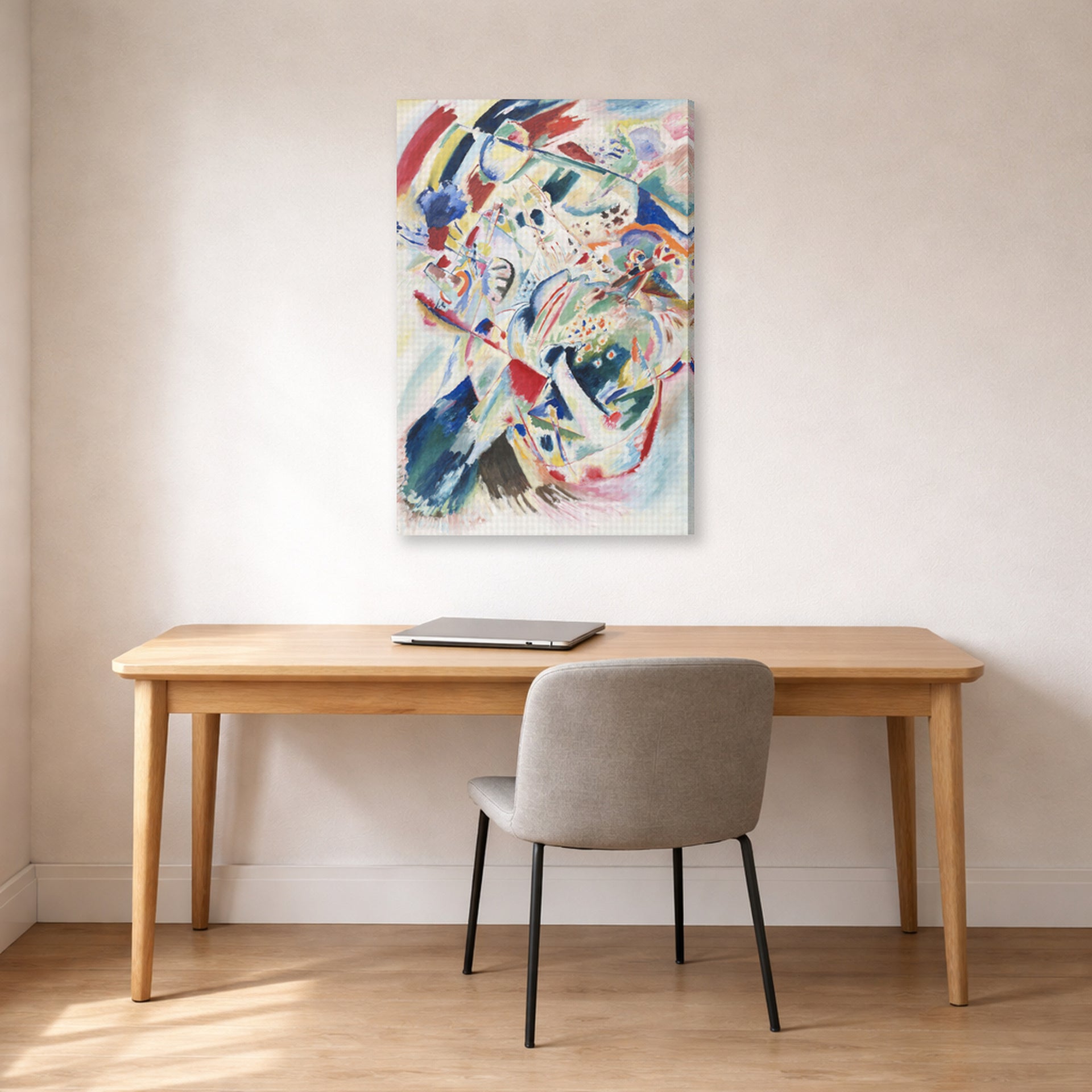 Gallery-wrapped canvas print of Wassily Kandinsky's Panel for Edwin R. Campbell No. 4 displayed on a wall in an office