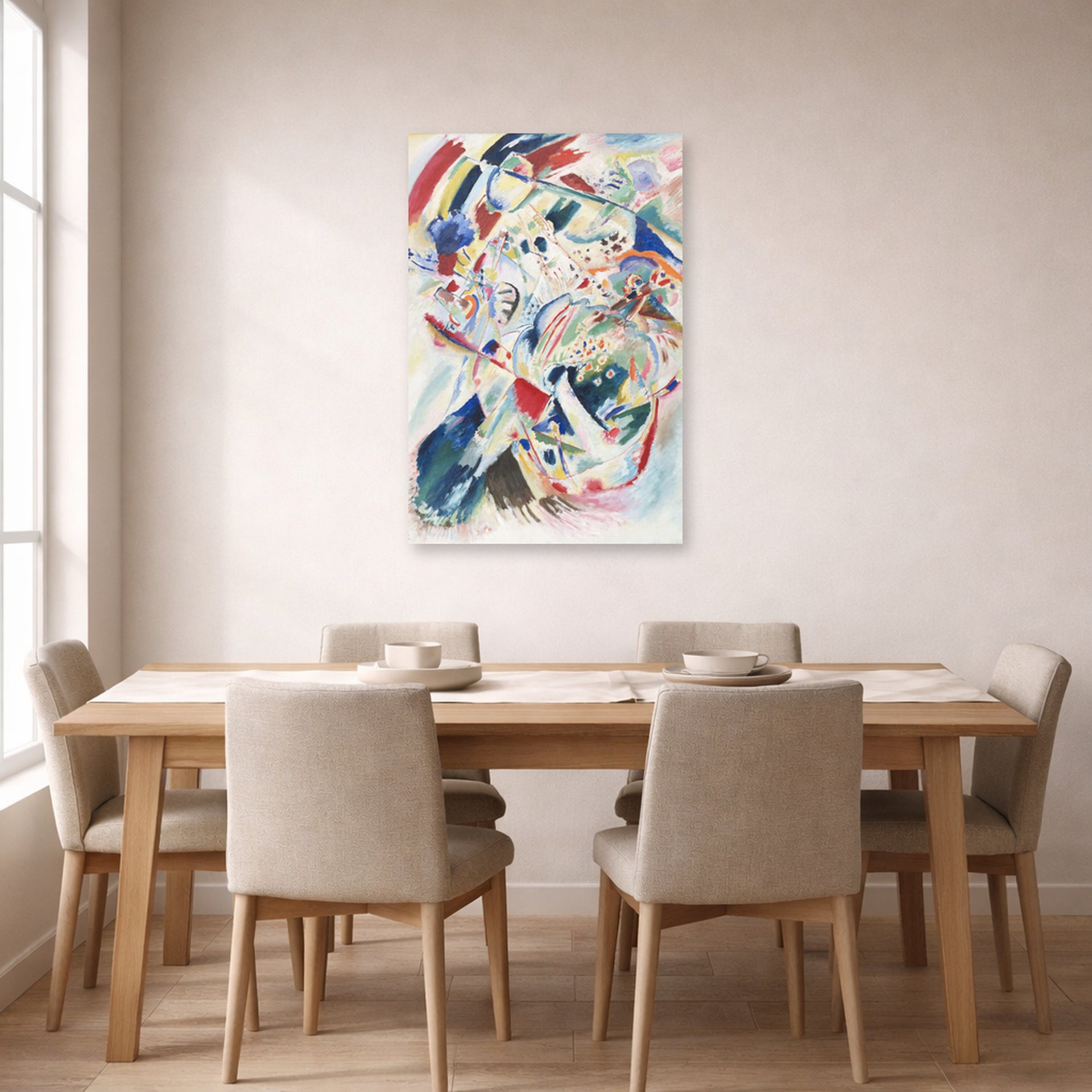 Unframed poster print of Wassily Kandinsky's Panel for Edwin R. Campbell No. 4 displayed on a wall in a dining room