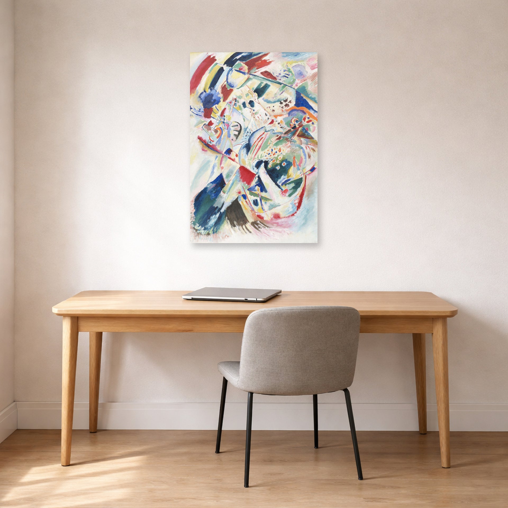 Unframed poster print of Wassily Kandinsky's Panel for Edwin R. Campbell No. 4 displayed on a wall in an office