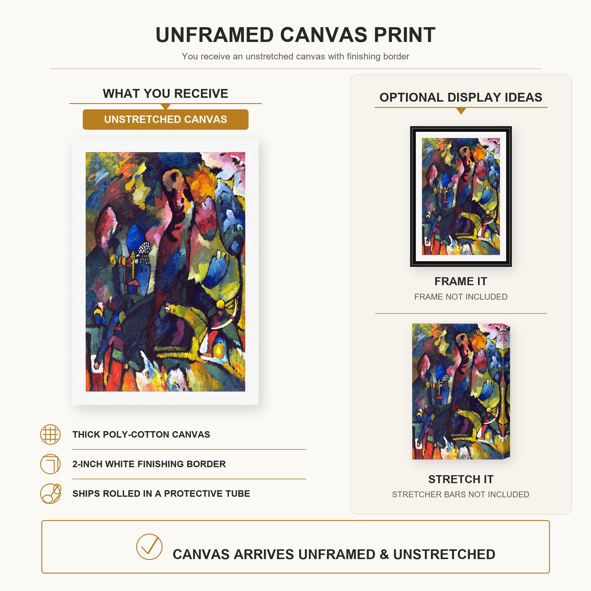 Wassily Kandinsky - Picture with an Archer canvas print size comparison and framing display infographic
