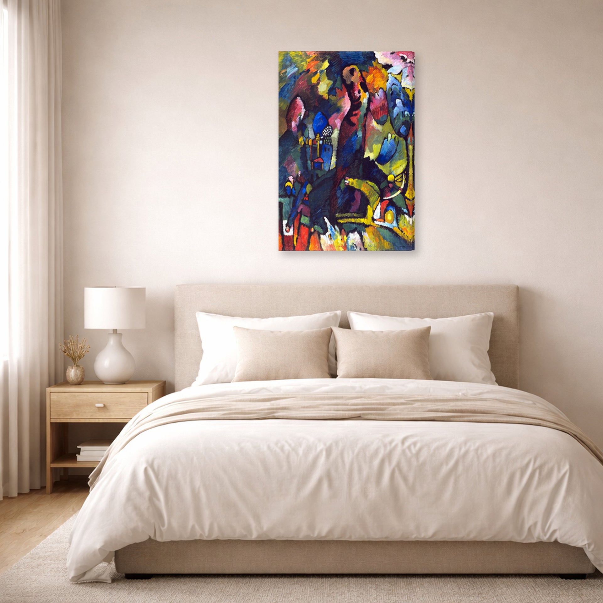 Gallery-wrapped canvas print of Wassily Kandinsky's Picture with an Archer displayed on a wall in a bedroom