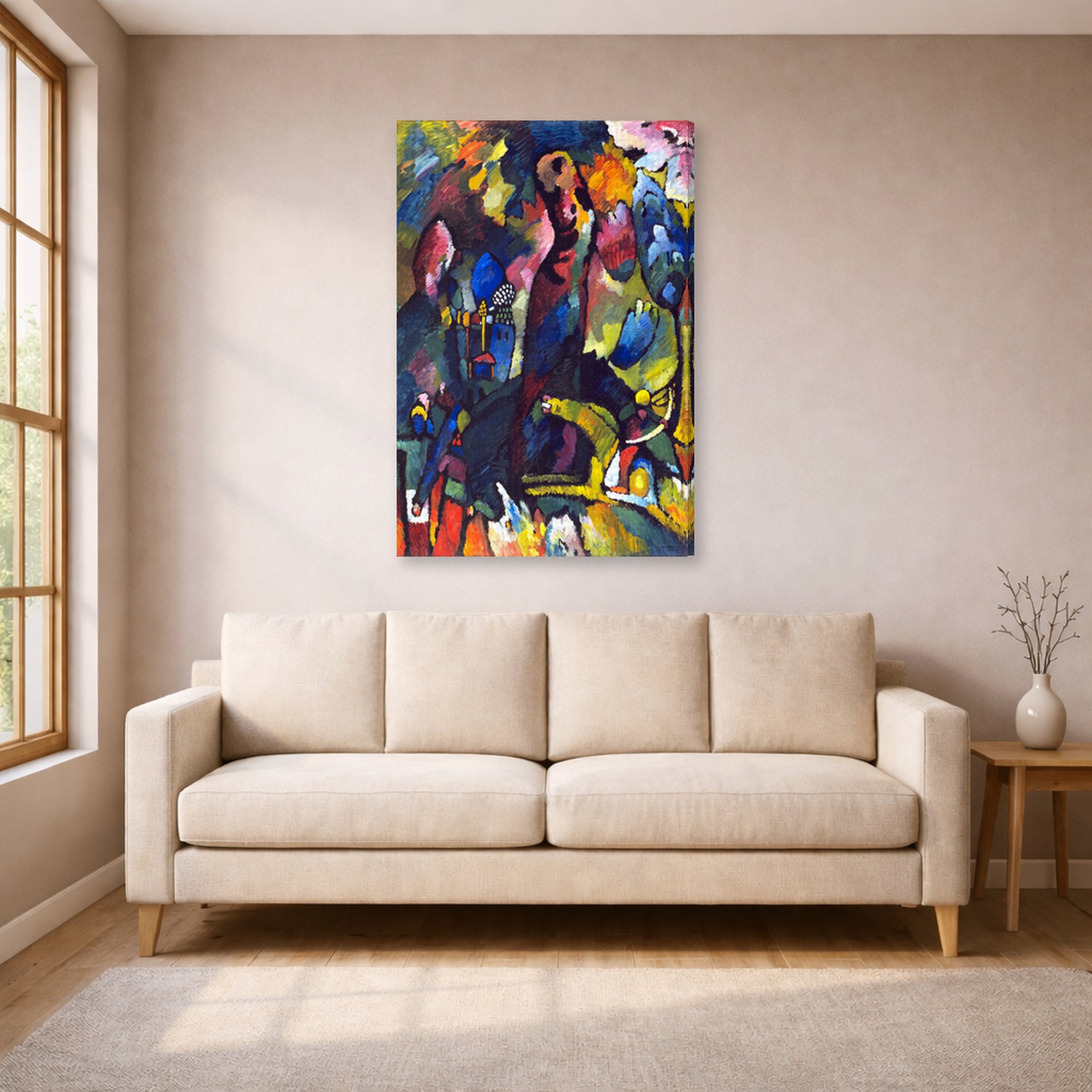 Gallery-wrapped canvas print of Wassily Kandinsky's Picture with an Archer displayed on a wall in a living room
