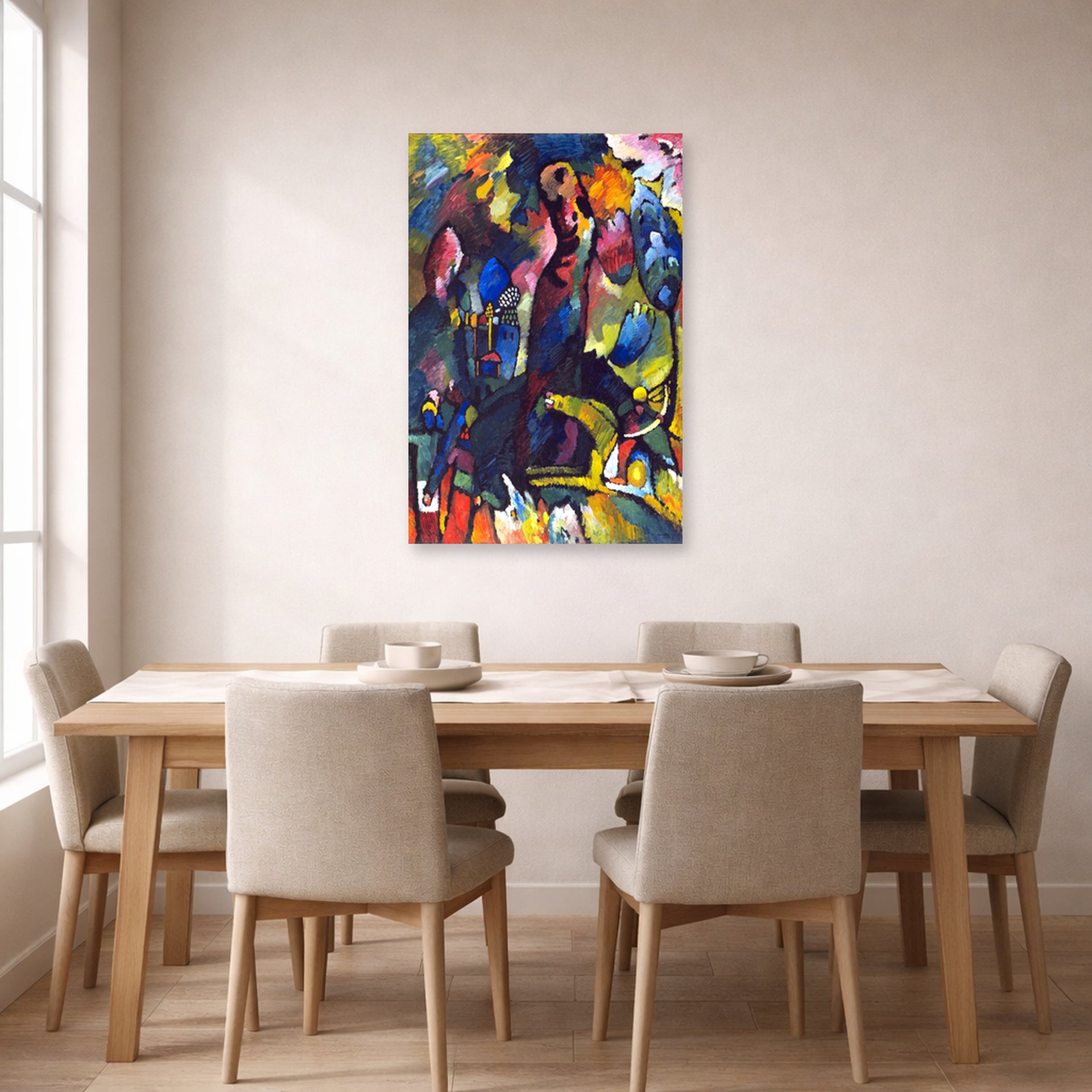 Unframed poster print of Wassily Kandinsky's Picture with an Archer displayed on a wall in a dining room