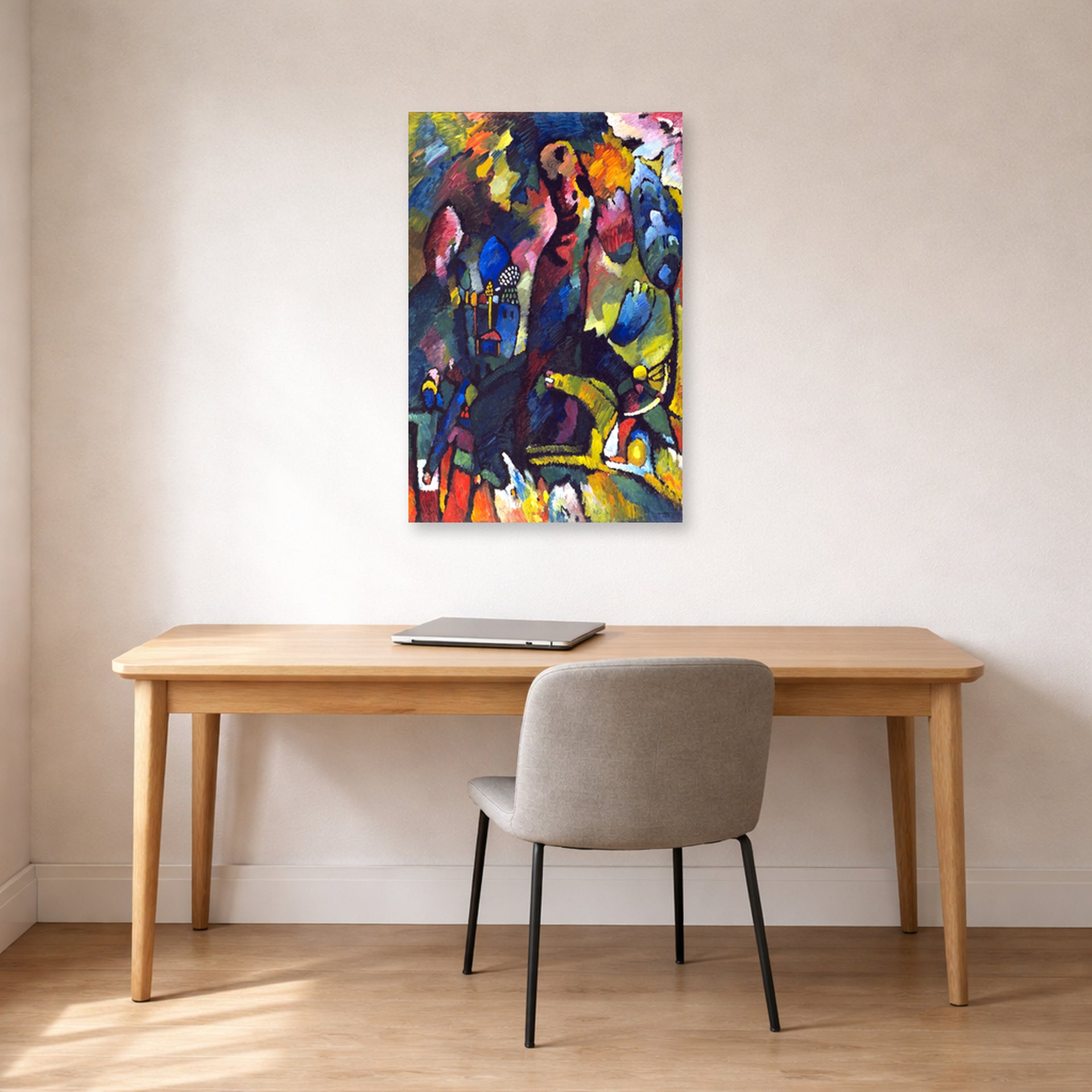 Unframed poster print of Wassily Kandinsky's Picture with an Archer displayed on a wall in an office