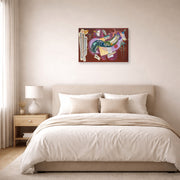 Gallery-wrapped canvas print of Wassily Kandinsky's Rigid and Curved displayed on a wall in a bedroom