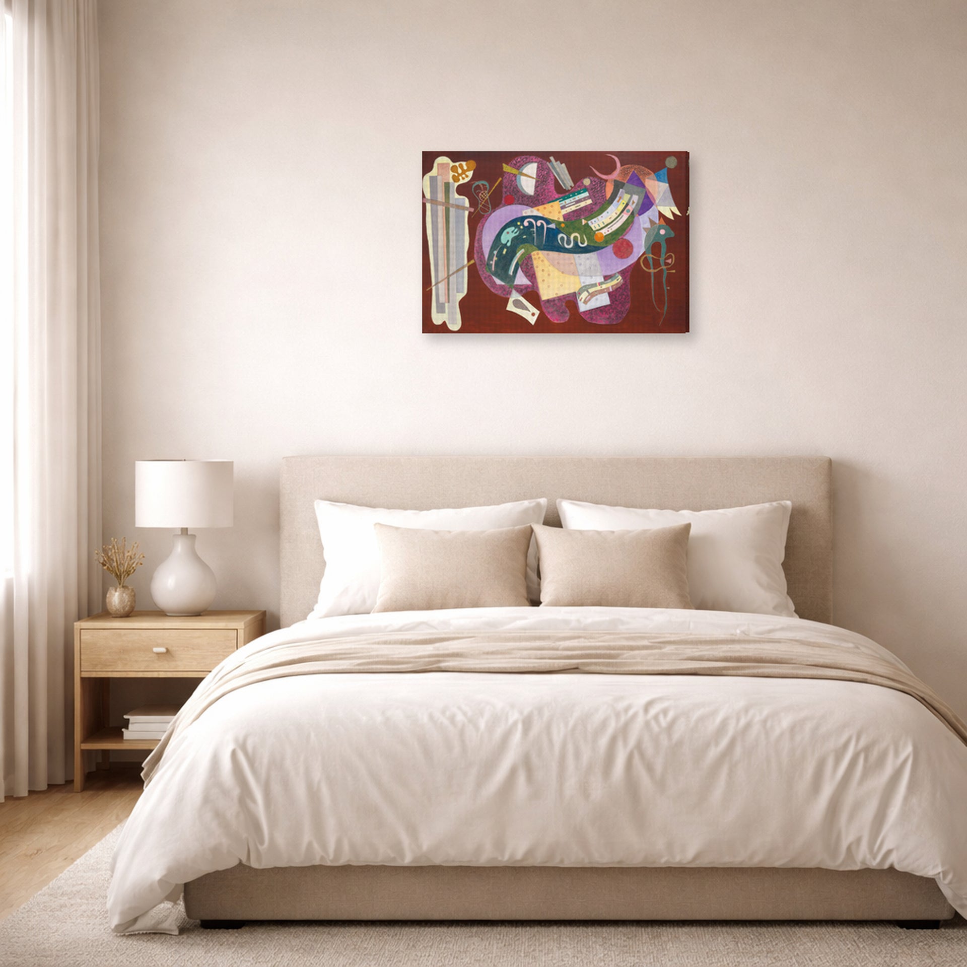 Gallery-wrapped canvas print of Wassily Kandinsky's Rigid and Curved displayed on a wall in a bedroom