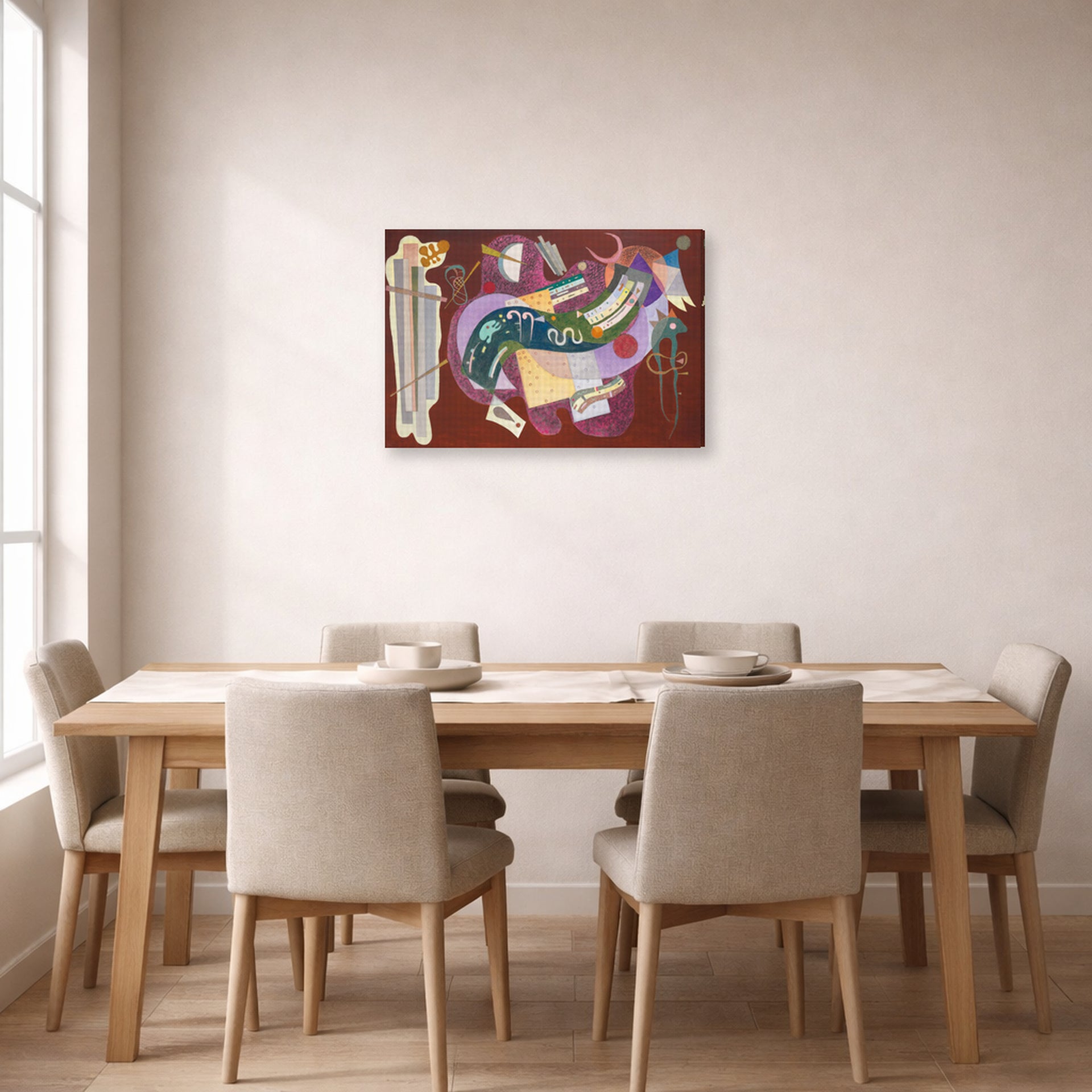 Gallery-wrapped canvas print of Wassily Kandinsky's Rigid and Curved displayed on a wall in a dining room